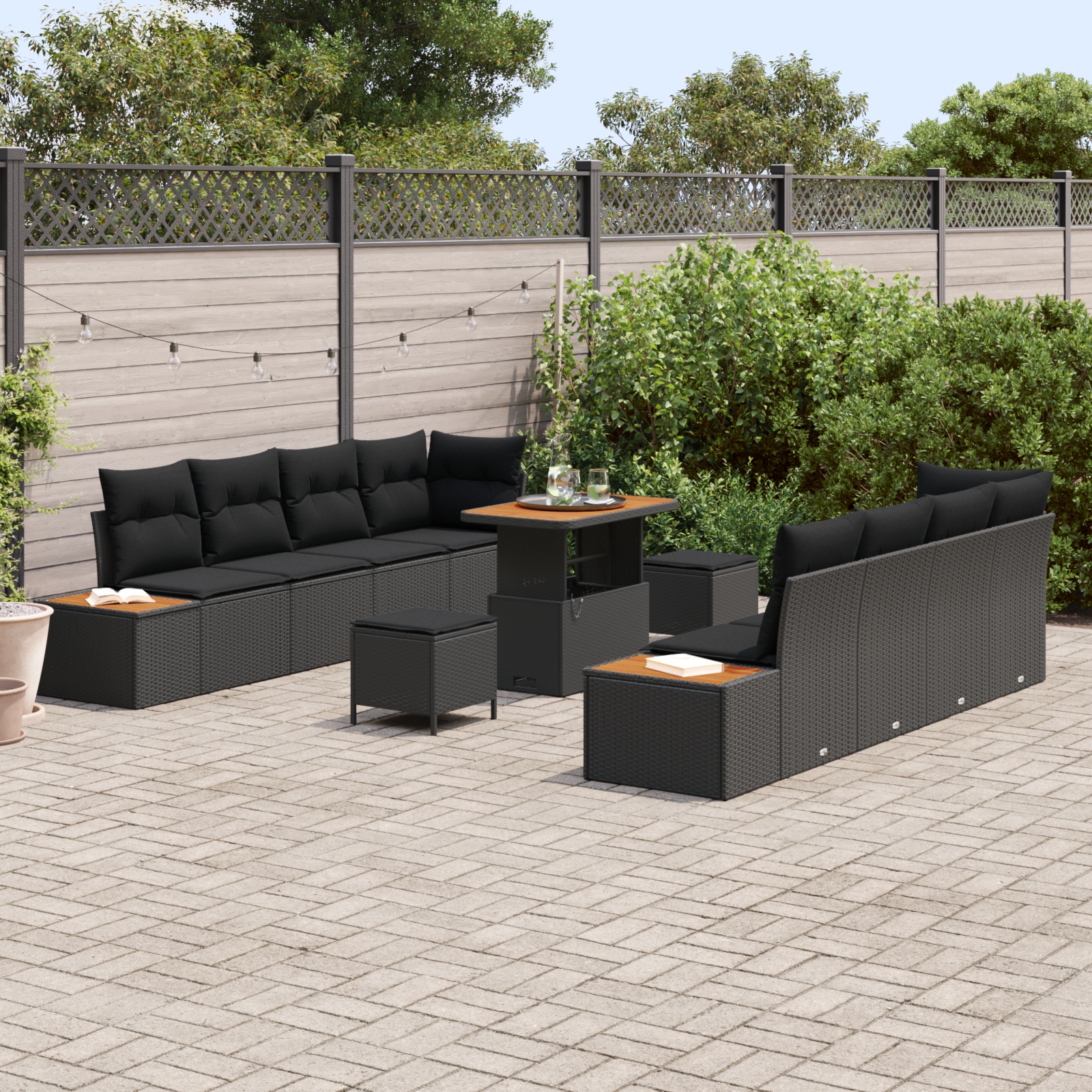 Set de Sofa pentru Grădină cu 11 Piese cu Perne Negru Poliratan Acacia [2]