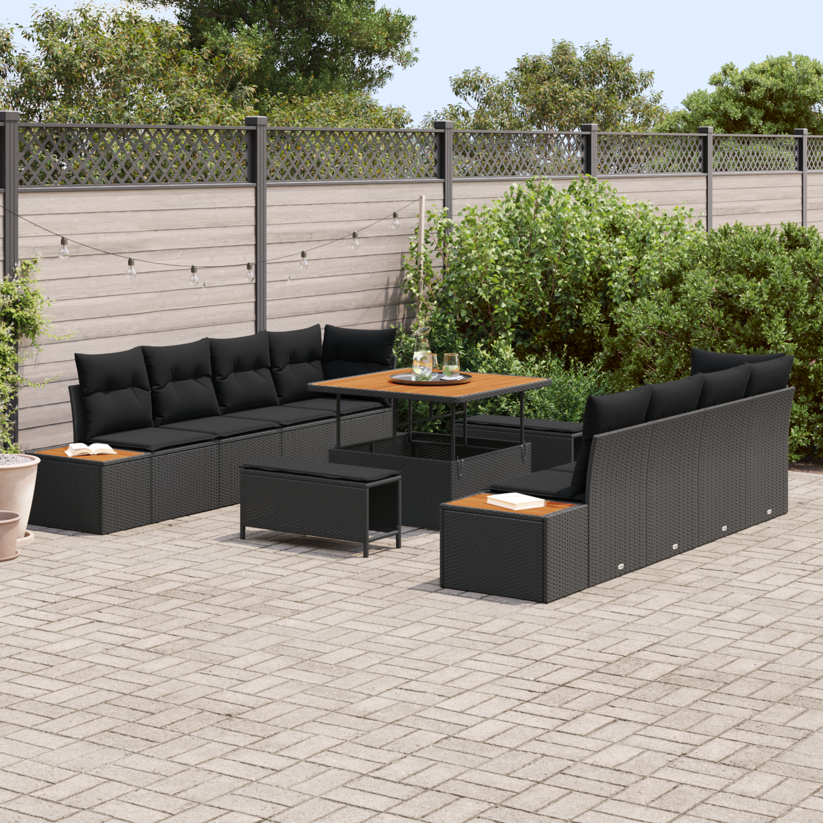 Set de 11 piese pentru sofa de grădină cu pernuțe Negru Poliratan Acacia [2]