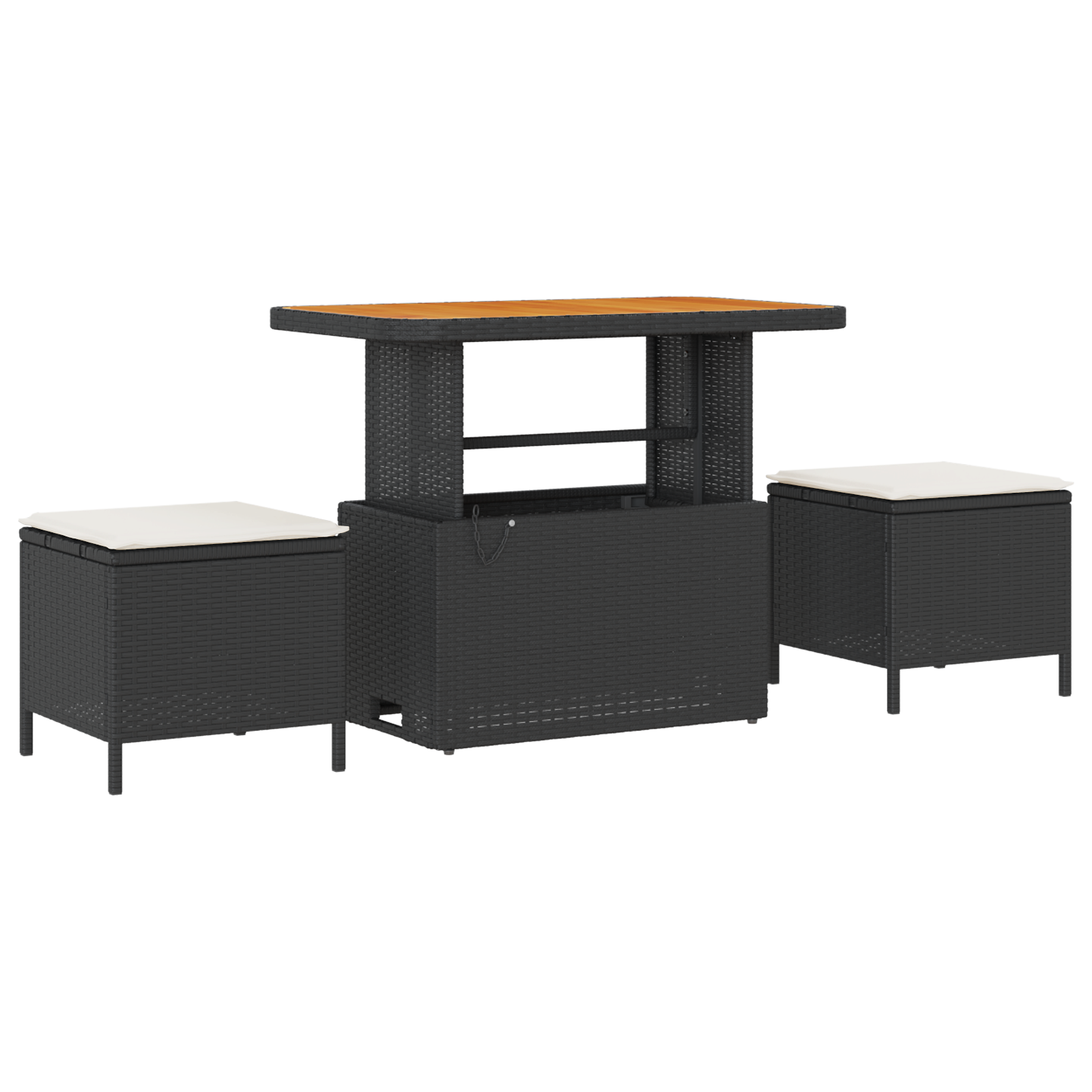 Set de canapea de grădină  cu 10 piese cu perne Negru Ratan poli Acacia, Canapea de grădină  cu 2 locuri cu spațiu de depozitare și perne Negru Ratan poli, Set de masă de grădină cu 3 piese cu perne N [3]