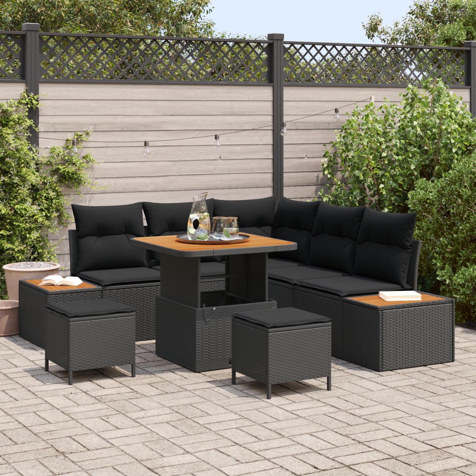Canapele de exterior - Set de canapea pentru grădină  din 8 piese cu perne din ratan negru și acacia, Canapea de grădină  cu 2 locuri și depozitare & perne din ratan negru, Set de dining pentru grădină  din 3 piese cu perne