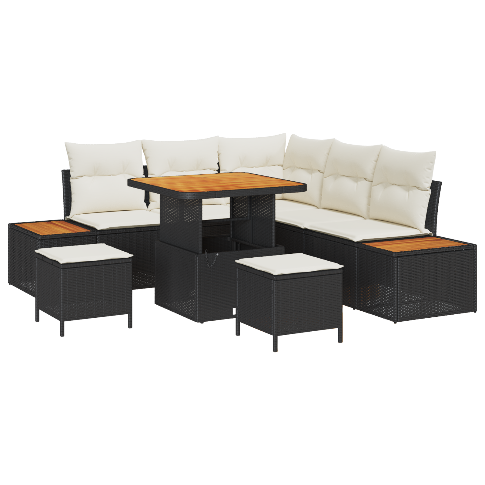 Set de sofa de grădină  cu 8 piese și perne Ratan poliester negru Acacia, Sofa de grădină  cu 2 locuri cu depozitare și perne Ratan poliester negru, Set de dining cu 3 piese pentru grădină cu perne Ra [1]