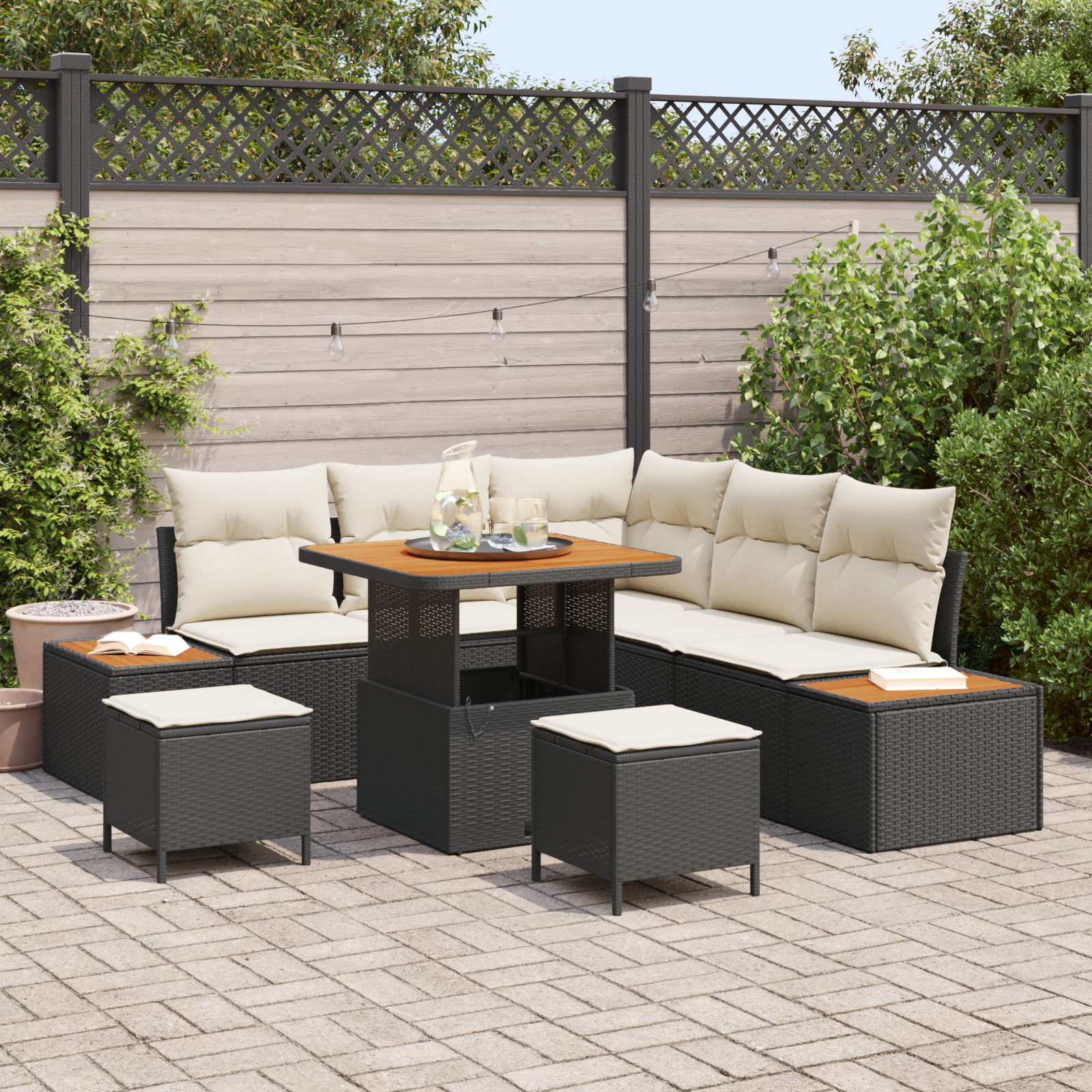 Canapele de exterior - Set de sofa de grădină  cu 8 piese și perne Ratan poliester negru Acacia, Sofa de grădină  cu 2 locuri cu depozitare și perne Ratan poliester negru, Set de dining cu 3 piese pentru grădină cu perne Ra