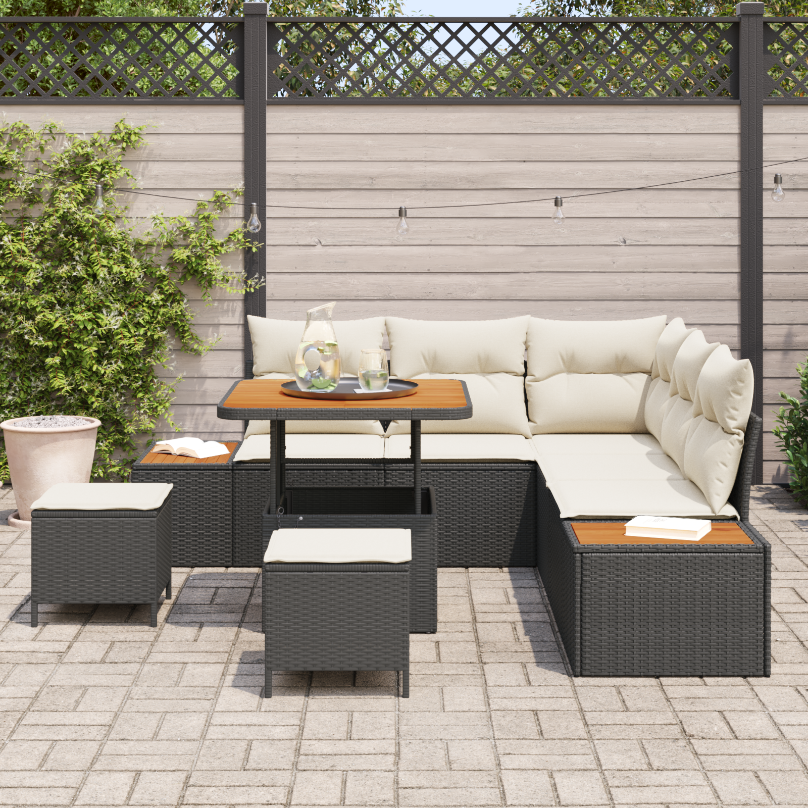 Set de sofa de grădină  cu 8 piese și perne Ratan poliester negru Acacia, Sofa de grădină  cu 2 locuri cu depozitare și perne Ratan poliester negru, Set de dining cu 3 piese pentru grădină cu perne Ra [2]