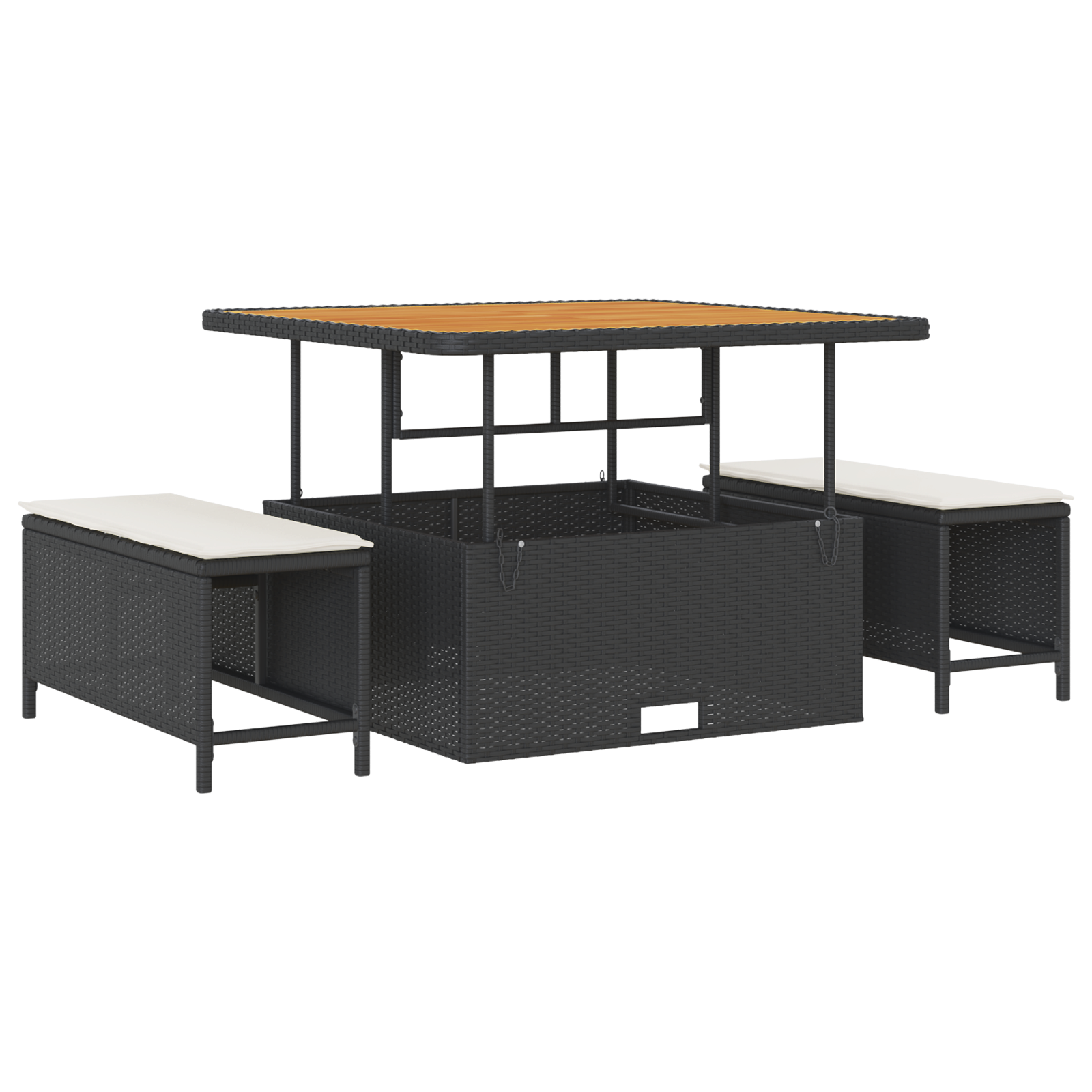 Set de canapea de grădină  în 9 piese cu perne negre din rattan sintetic și acacia, Canapea de grădină  pentru 2 persoane cu depozitare și perne negre din rattan sintetic, Set de dining pentru grădină [3]