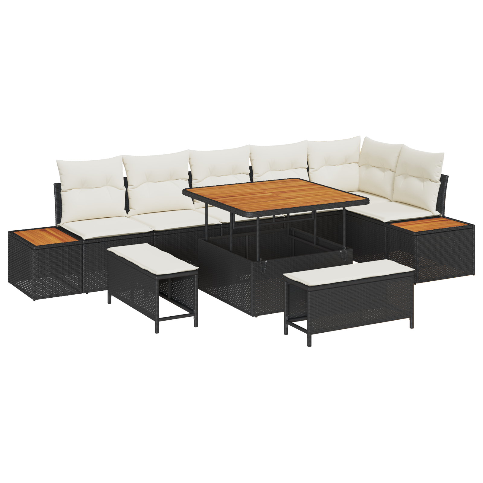 Set de canapea de grădină  în 9 piese cu perne negre din rattan sintetic și acacia, Canapea de grădină  pentru 2 persoane cu depozitare și perne negre din rattan sintetic, Set de dining pentru grădină [1]
