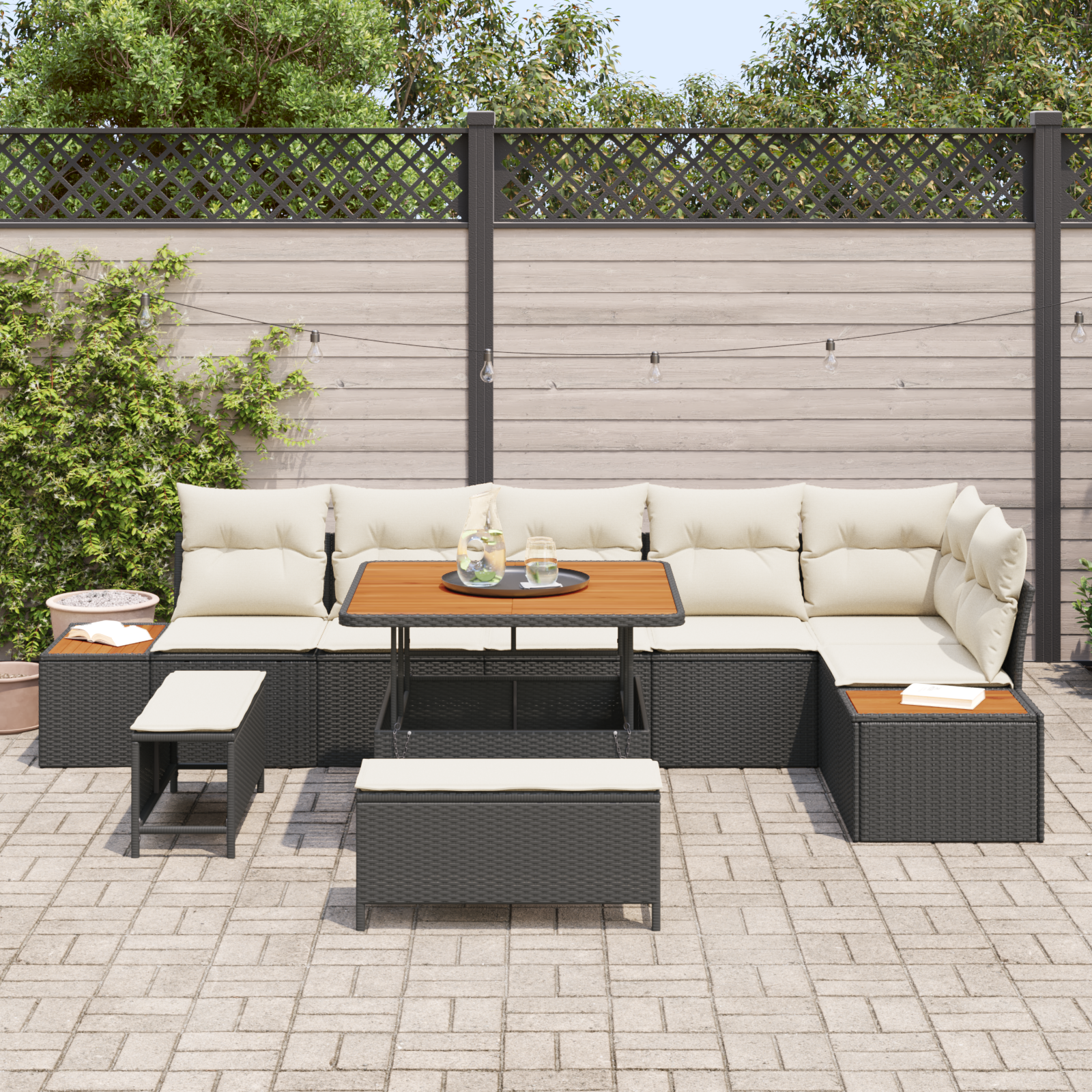 Set de canapea de grădină  în 9 piese cu perne negre din rattan sintetic și acacia, Canapea de grădină  pentru 2 persoane cu depozitare și perne negre din rattan sintetic, Set de dining pentru grădină [2]
