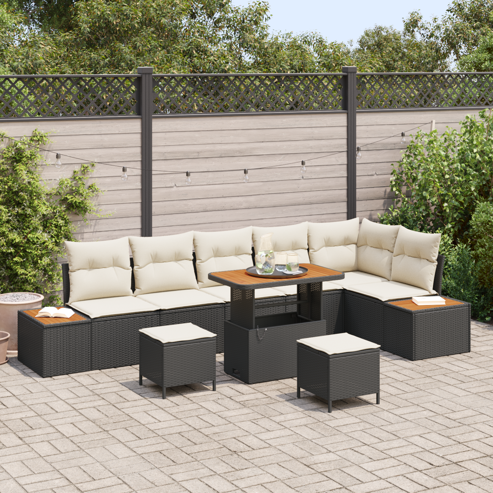 Canapele de exterior - Set de 9 Piese Sofa de Grădină  cu Perne Negru Ratan Polimer Acacia, Sofa de Grădină  pentru 2 Persoane cu Spațiu de Depozitare & Perne Negru Ratan Polimer, Set de 3 Piese pentru Masa de Grădină cu Pe