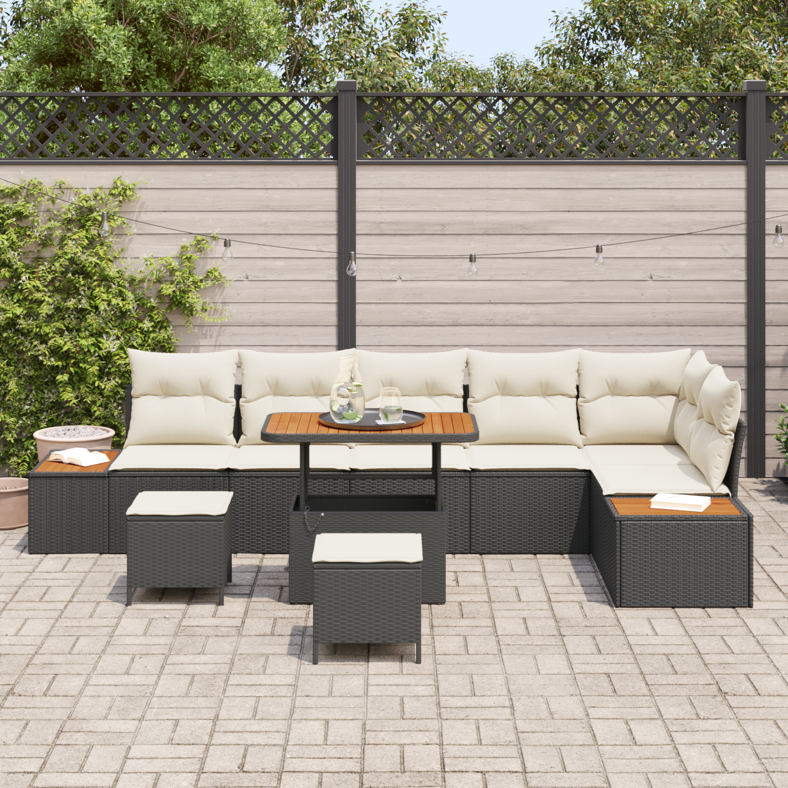 Set de 9 Piese Sofa de Grădină  cu Perne Negru Ratan Polimer Acacia, Sofa de Grădină  pentru 2 Persoane cu Spațiu de Depozitare & Perne Negru Ratan Polimer, Set de 3 Piese pentru Masa de Grădină cu Pe [2]