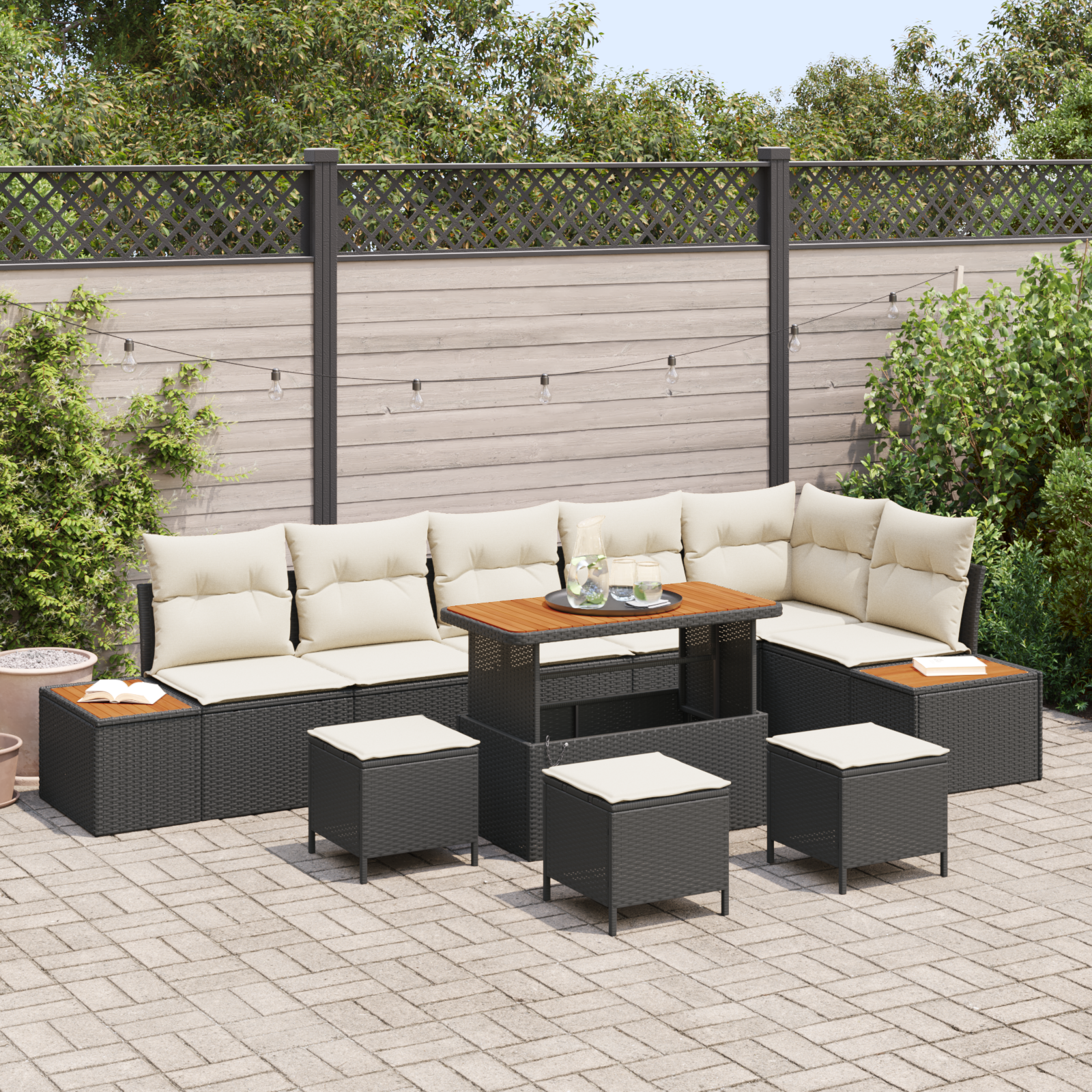 Canapele de exterior - Set Canapea Grădină  cu 10 Piese și Perne Negre din Ratan Poli Acacia, Canapea Grădină  cu 2 Locuri cu Depozitare și Perne Negre din Ratan Poli, Set Dining Grădină  cu 4 Piese și Perne Negre din Ratan