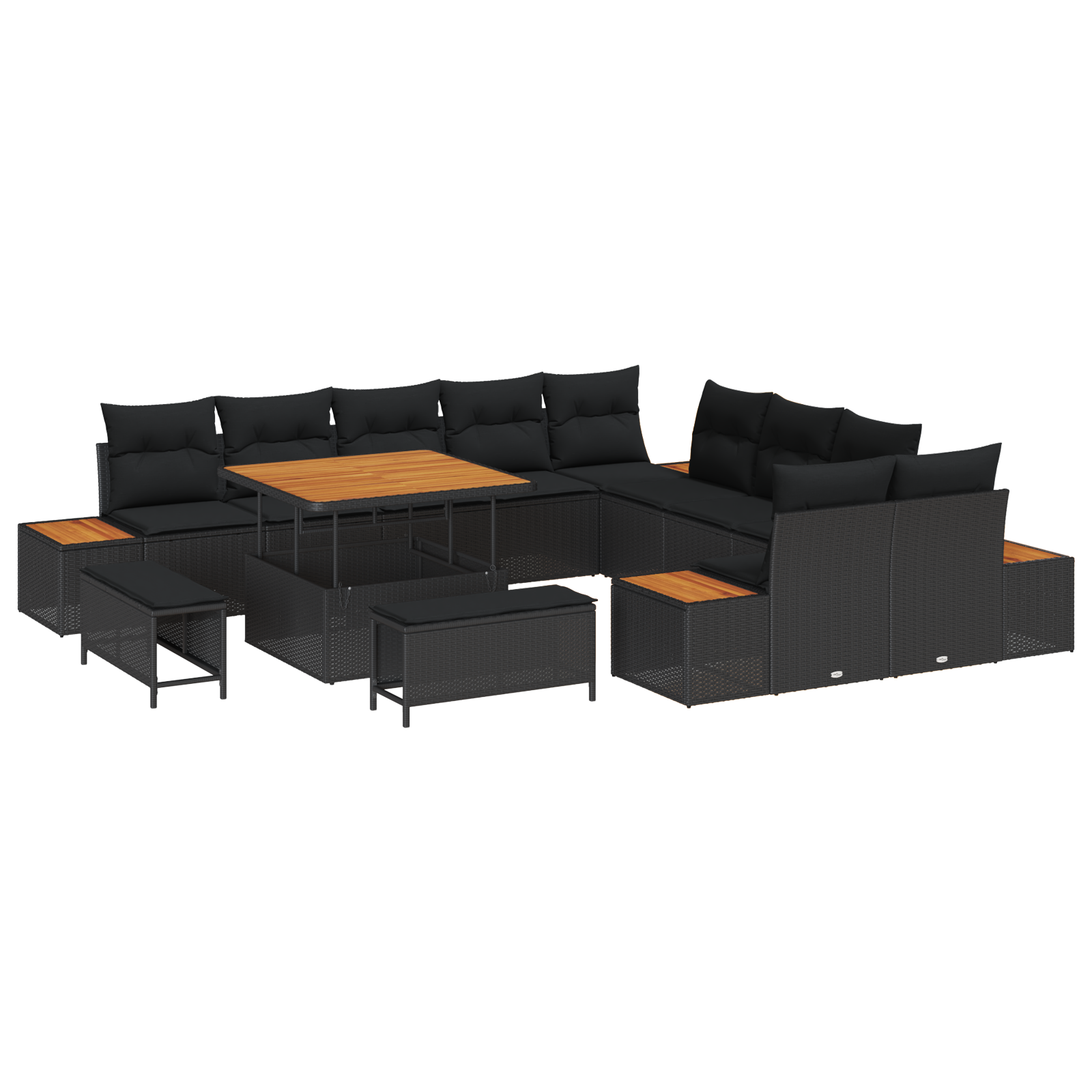 Set de canapea de grădină  cu 13 piese cu perne Negru Rattan sintetic Acacia, Canapea de grădină  cu 2 locuri cu depozitare și perne Negru Rattan sintetic, Set de masă de grădină  cu 3 piese cu perne  [1]