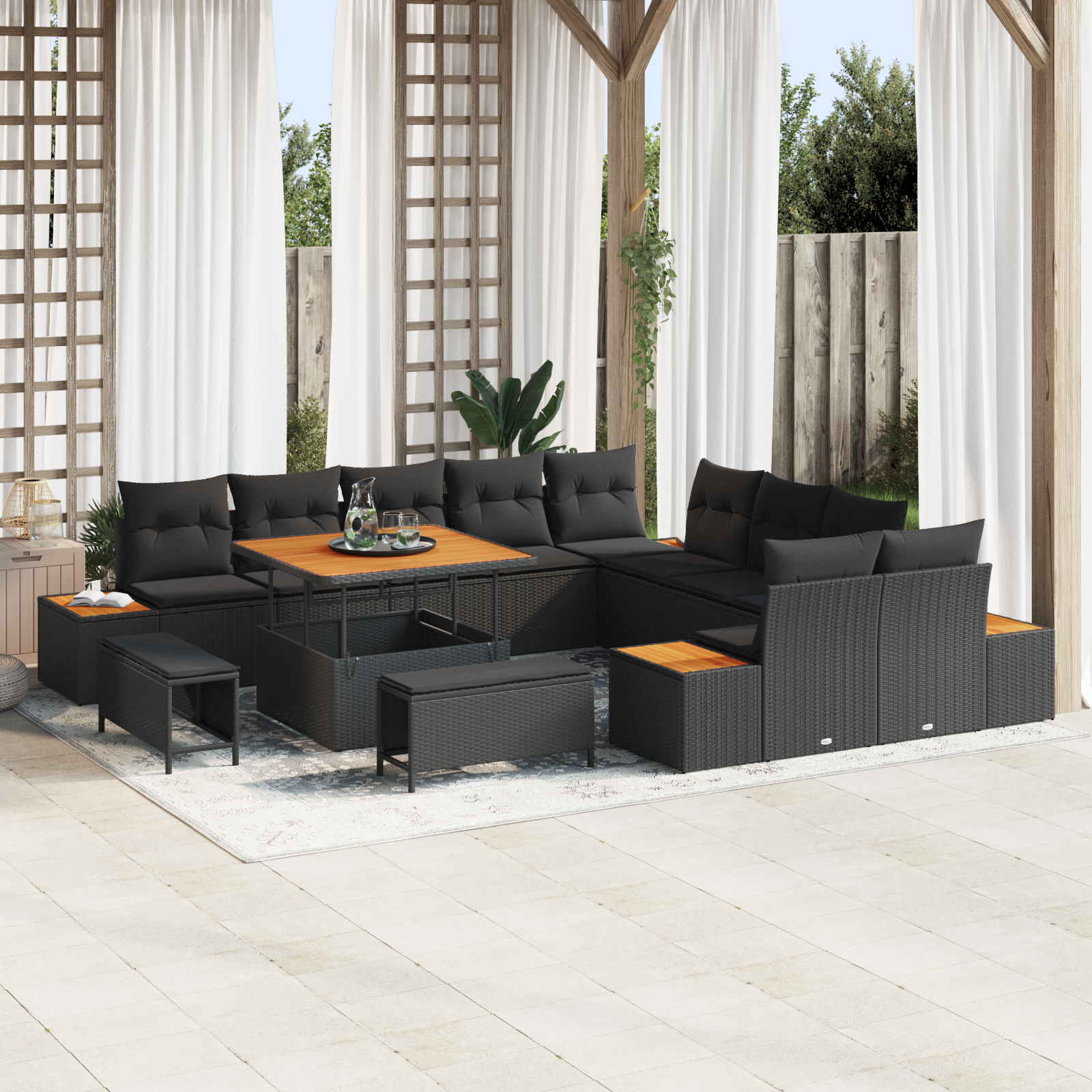 Canapele de exterior - Set de canapea de grădină  cu 13 piese cu perne Negru Rattan sintetic Acacia, Canapea de grădină  cu 2 locuri cu depozitare și perne Negru Rattan sintetic, Set de masă de grădină  cu 3 piese cu perne 