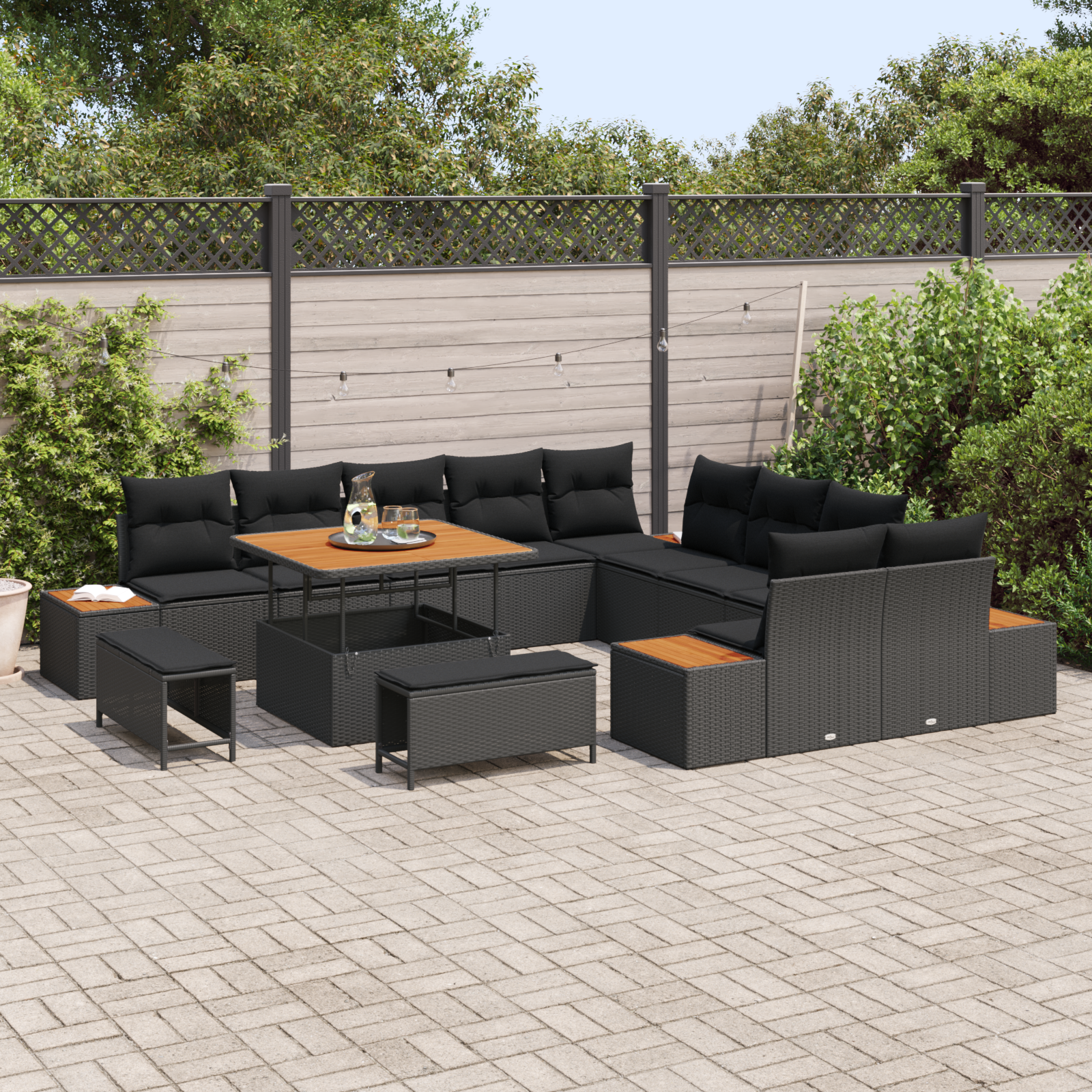 Set de canapea de grădină  cu 13 piese cu perne Negru Rattan sintetic Acacia, Canapea de grădină  cu 2 locuri cu depozitare și perne Negru Rattan sintetic, Set de masă de grădină  cu 3 piese cu perne  [2]