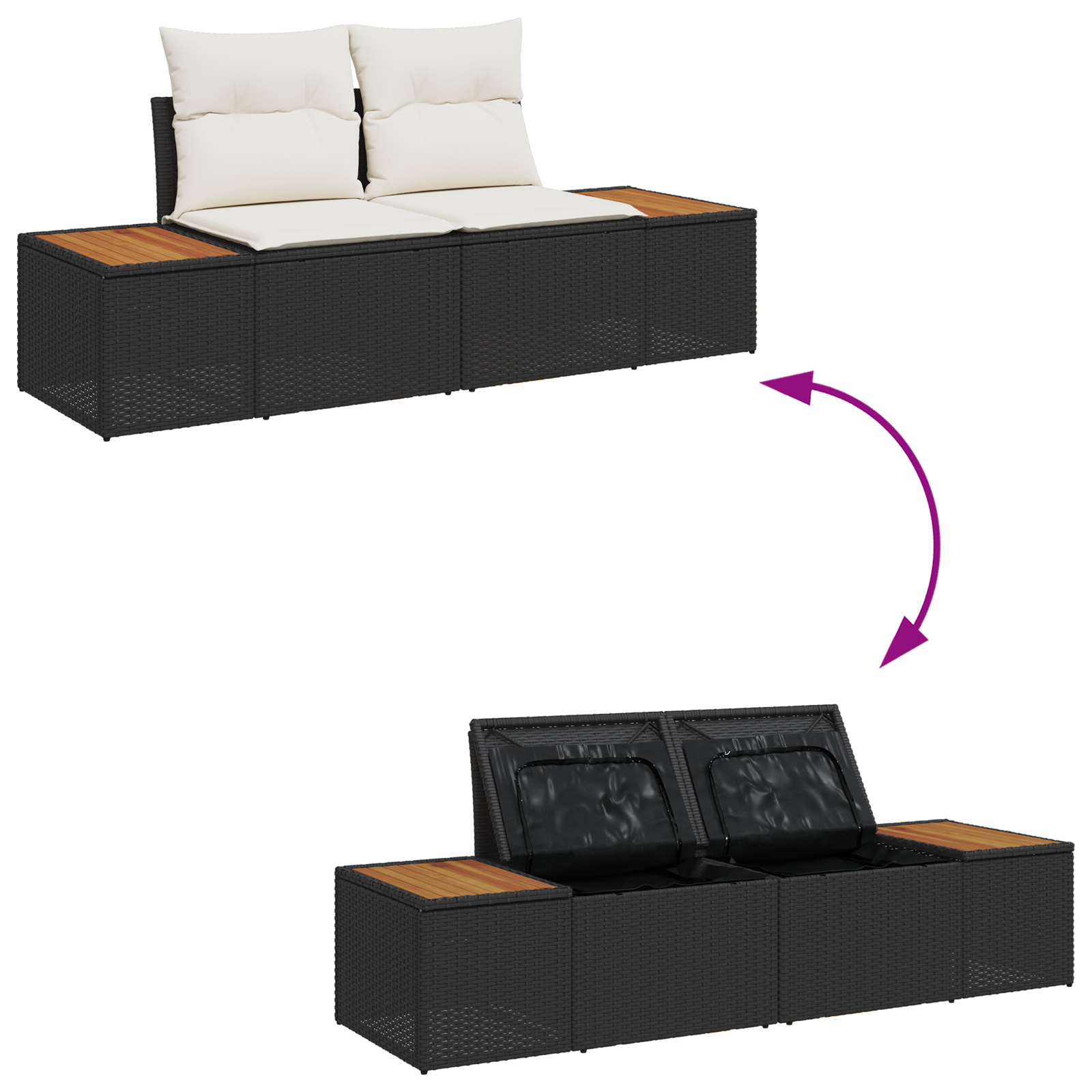 Set de Sofa pentru Grădină  13 Piese cu Perne Negru Ratan Poli Acacia, Sofa pentru Grădină  cu 2 Locuri și Depozitare & Perne Negru Ratan Poli, Set de Dining Grădină  3 Piese cu Perne Negru Ratan Poli [10]