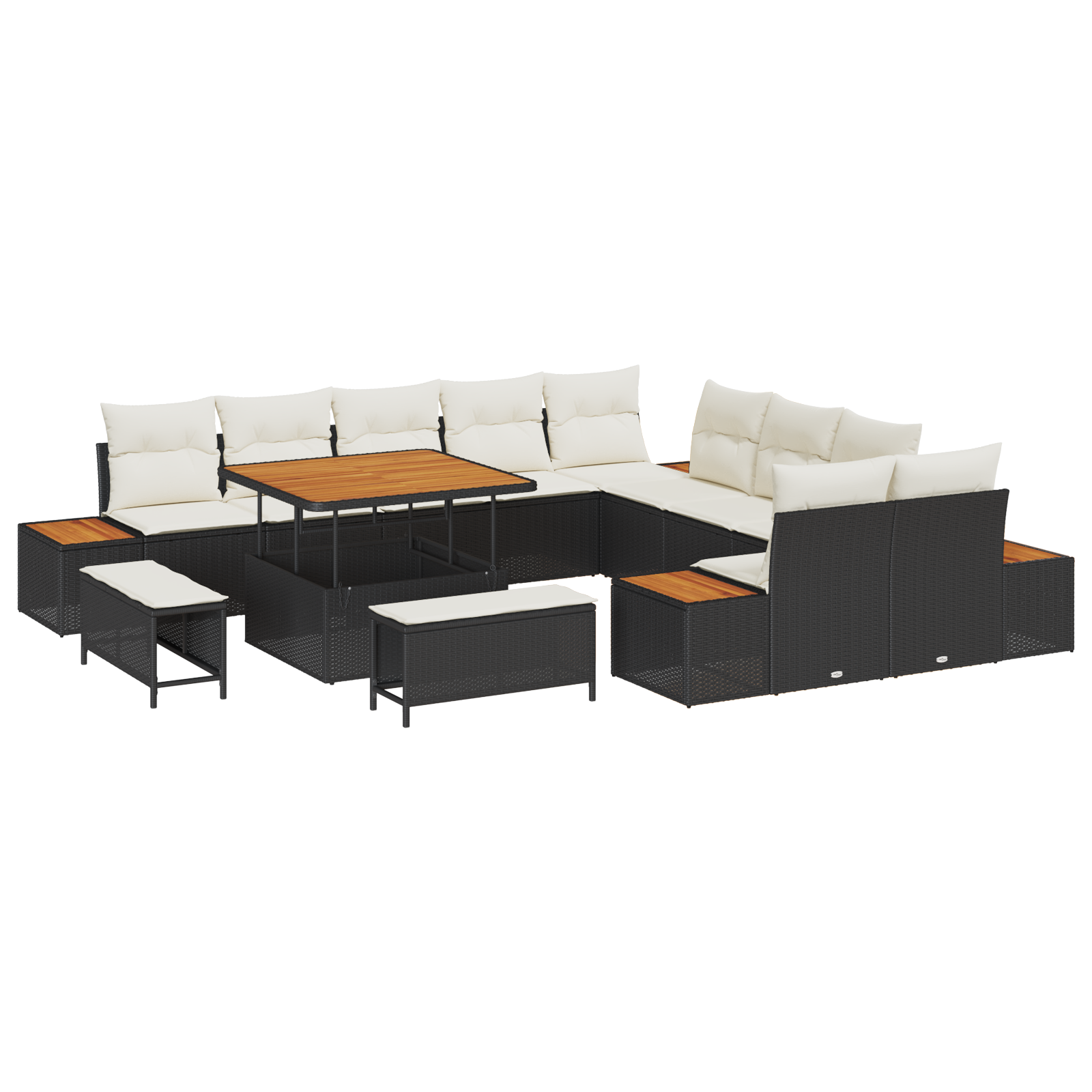 Set de Sofa pentru Grădină  13 Piese cu Perne Negru Ratan Poli Acacia, Sofa pentru Grădină  cu 2 Locuri și Depozitare & Perne Negru Ratan Poli, Set de Dining Grădină  3 Piese cu Perne Negru Ratan Poli [1]