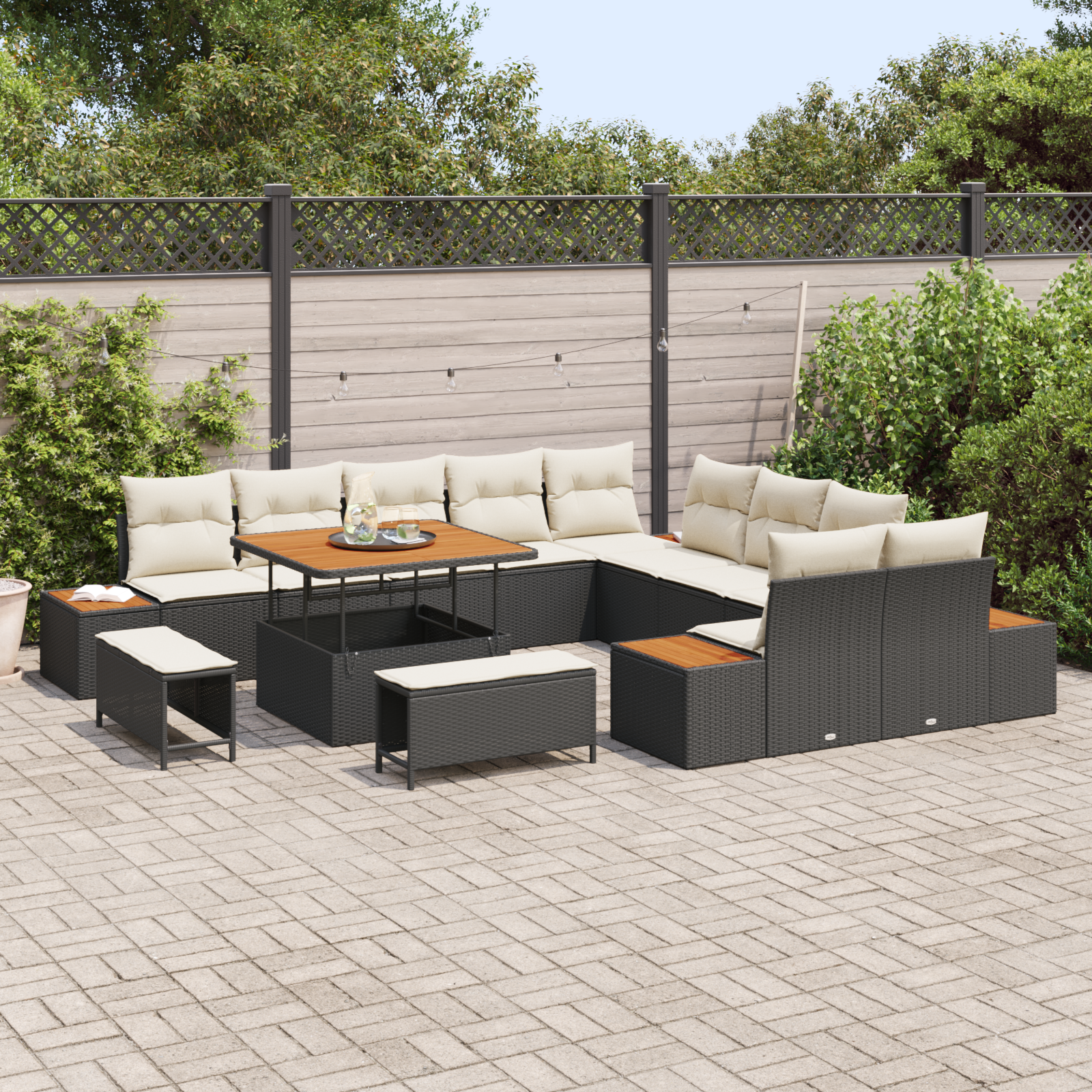 Set de Sofa pentru Grădină  13 Piese cu Perne Negru Ratan Poli Acacia, Sofa pentru Grădină  cu 2 Locuri și Depozitare & Perne Negru Ratan Poli, Set de Dining Grădină  3 Piese cu Perne Negru Ratan Poli [2]