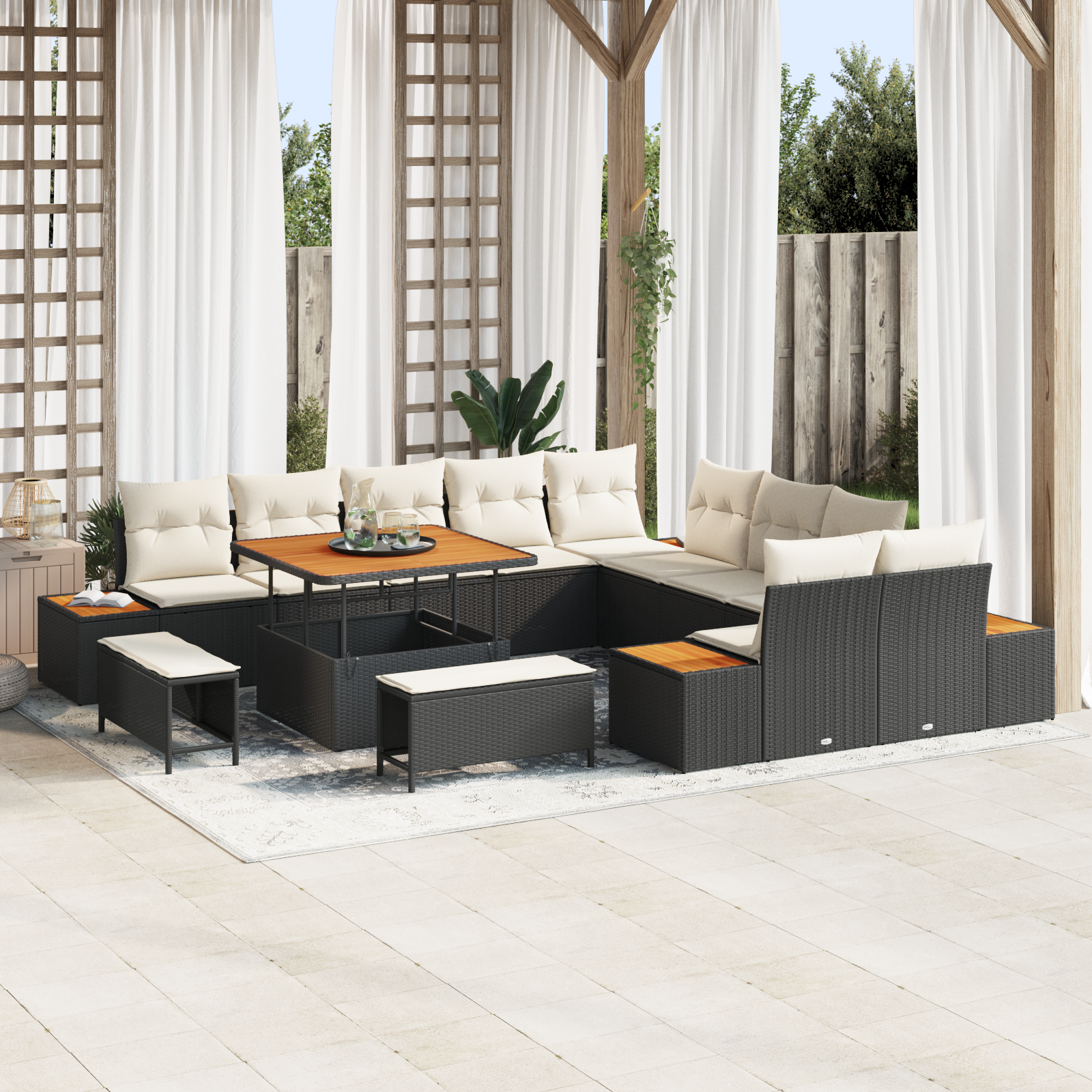 Canapele de exterior - Set de Sofa pentru Grădină  13 Piese cu Perne Negru Ratan Poli Acacia, Sofa pentru Grădină  cu 2 Locuri și Depozitare & Perne Negru Ratan Poli, Set de Dining Grădină  3 Piese cu Perne Negru Ratan Poli
