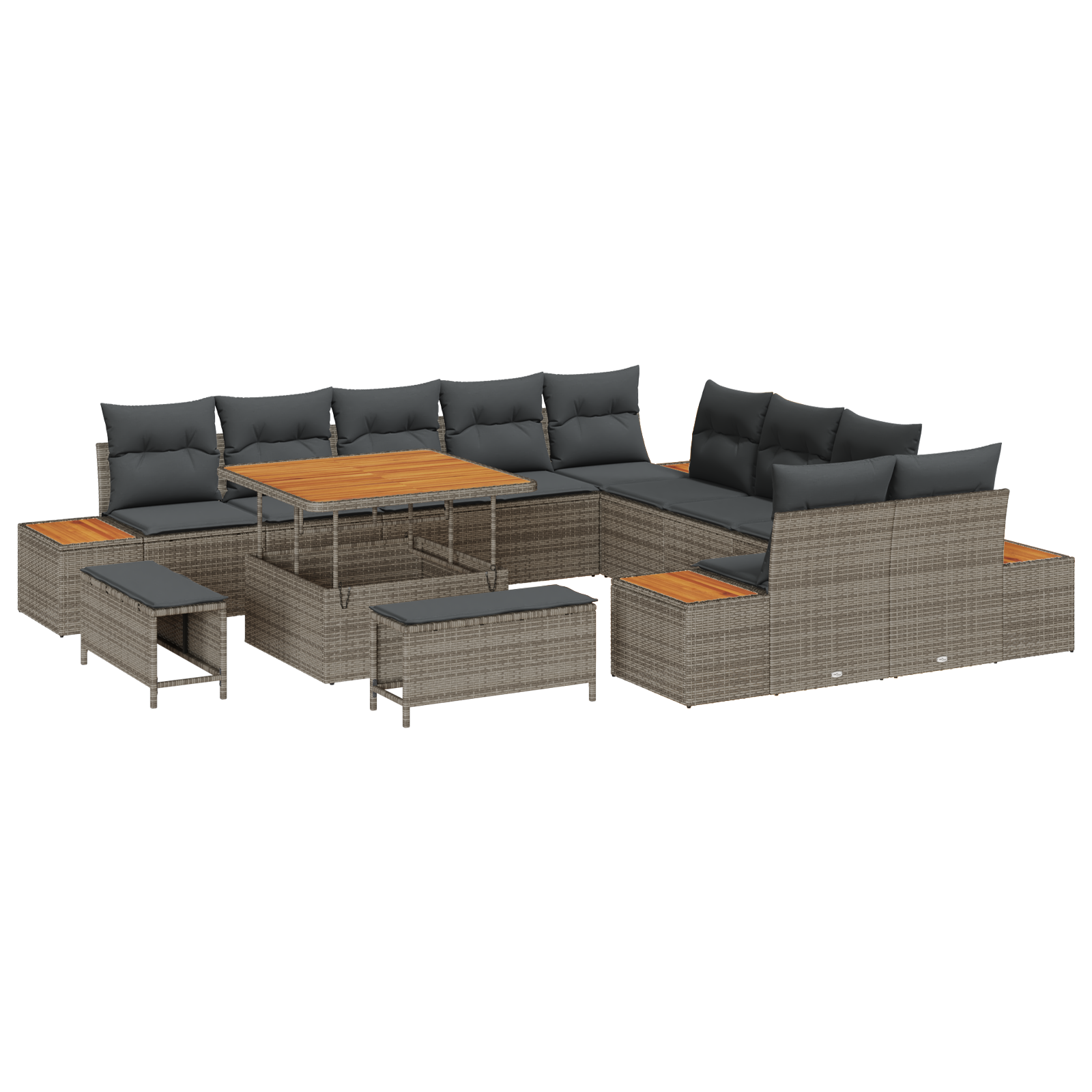 Set de sofa de grădină 13 piese cu perne Gri Ratan Poli Acacia, Sofa de grădină cu 2 locuri cu storage și perne Gri Ratan Poli, Set de dining de grădină 3 piese cu perne Gri Ratan Poli Acacia [1]