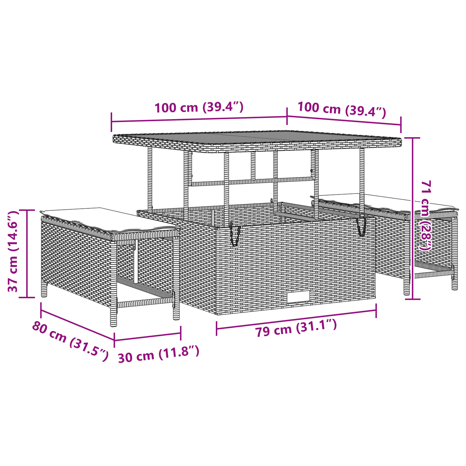 Set de sofa de grădină 13 piese cu perne Gri Ratan Poli Acacia, Sofa de grădină cu 2 locuri cu storage și perne Gri Ratan Poli, Set de dining de grădină 3 piese cu perne Gri Ratan Poli Acacia [11]