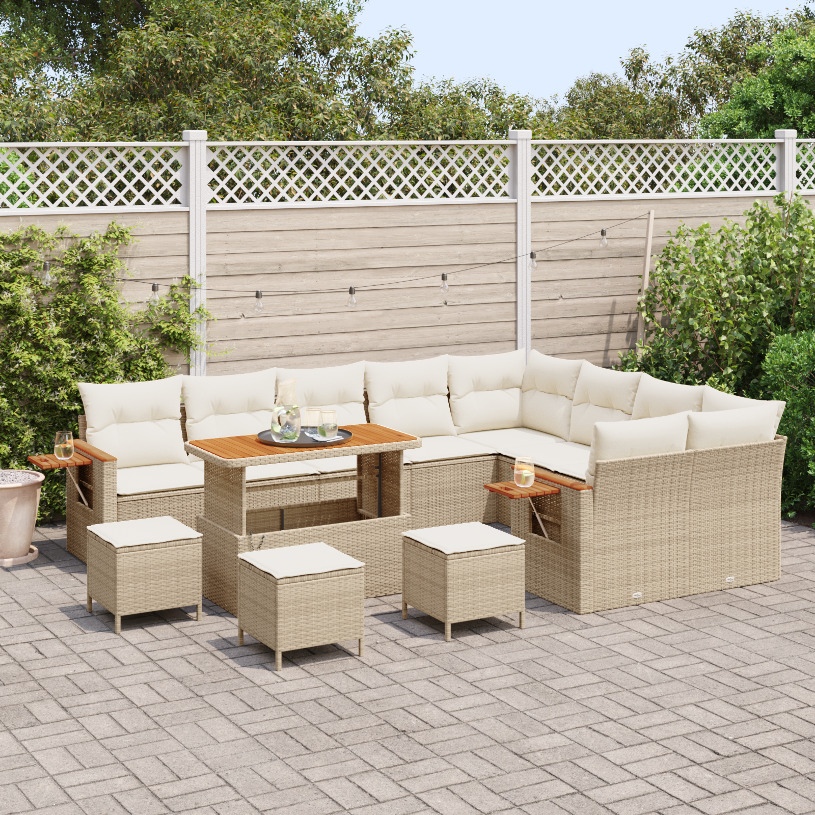 Set de canapea de grădină cu 13 piese și perne bej din ratan poli și lemn de acacia [2]