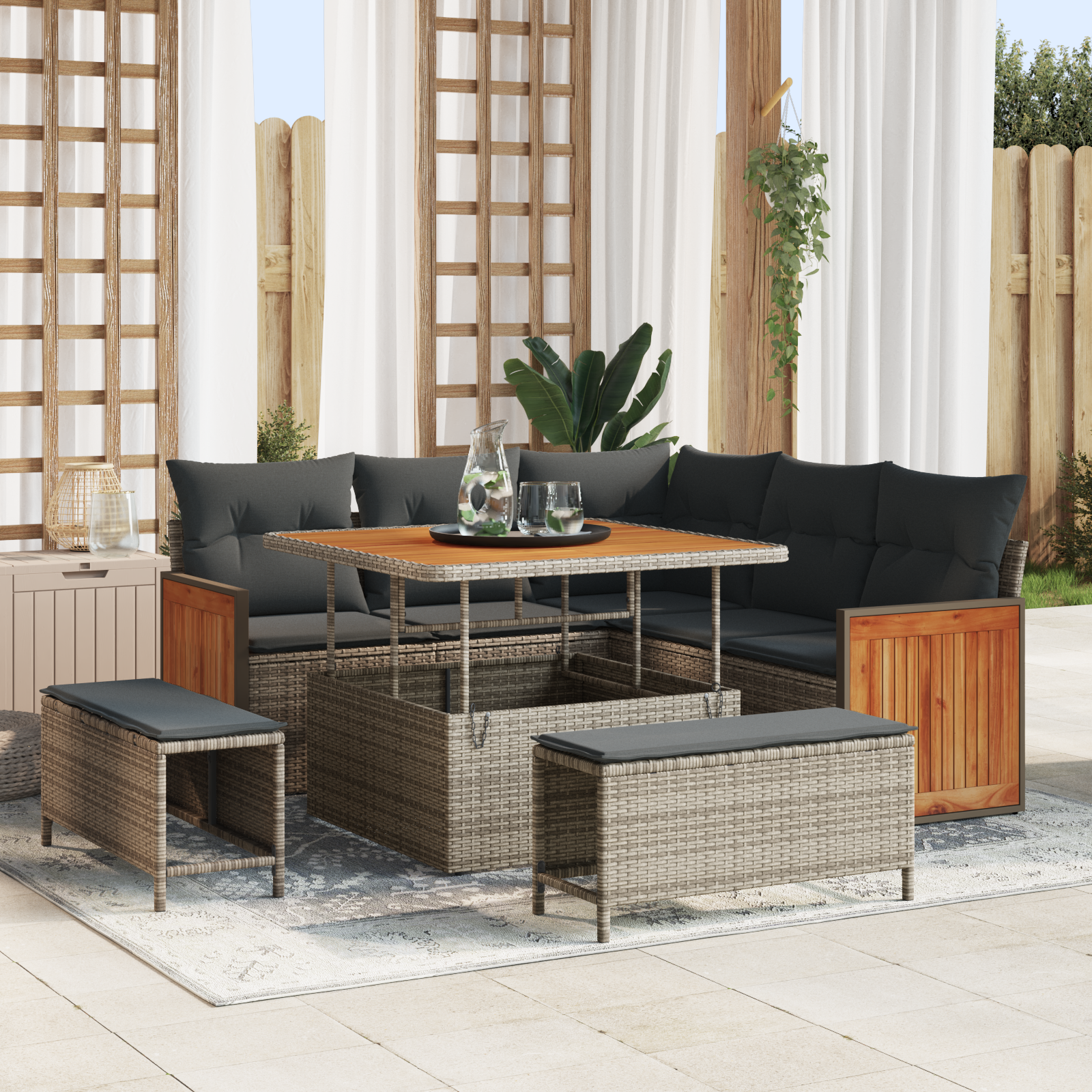 Canapele de exterior - Set de sofa pentru grădină  cu 8 piese și perne gri poliratan acacia