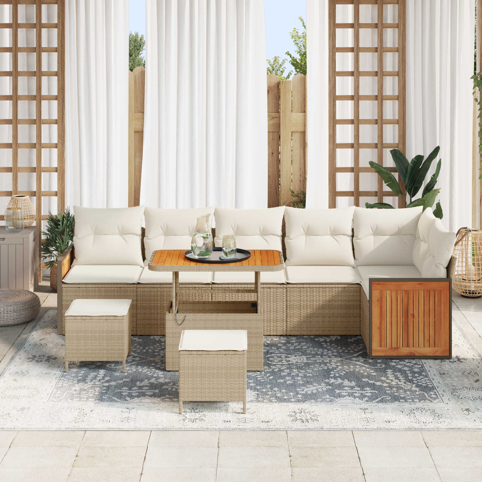 Set Canapea Grădină 9 Piese cu Perne Bej Poliratan Acacia, Set Canapea Grădină 3 Piese cu Perne Bej Poliratan Acacia [2]