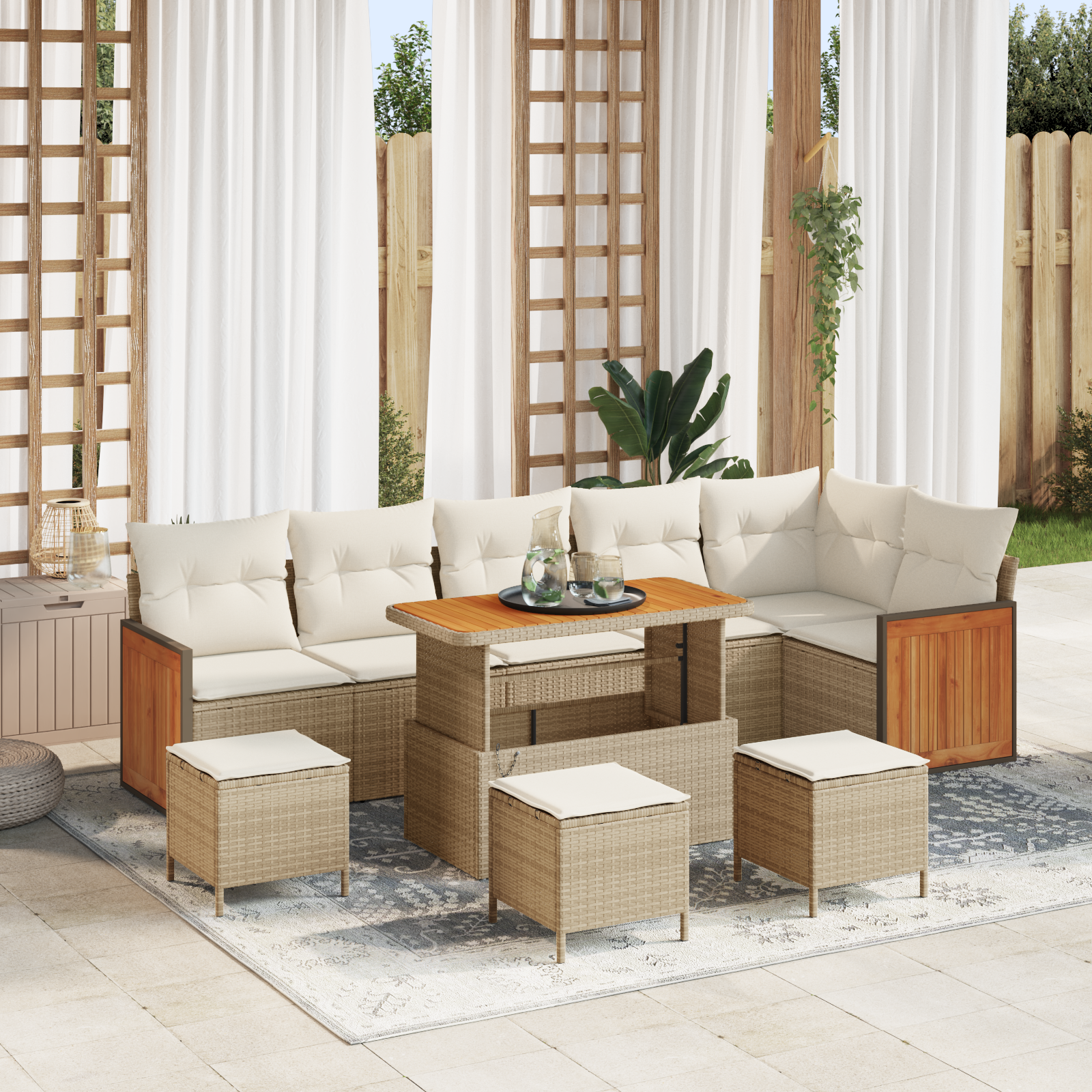 Canapele de exterior - Set Sofa Grădină  10 Piese cu Pernițe Bej Poliratan Acacia, Set Dining Grădină  4 Piese cu Pernițe Bej Poliratan Acacia