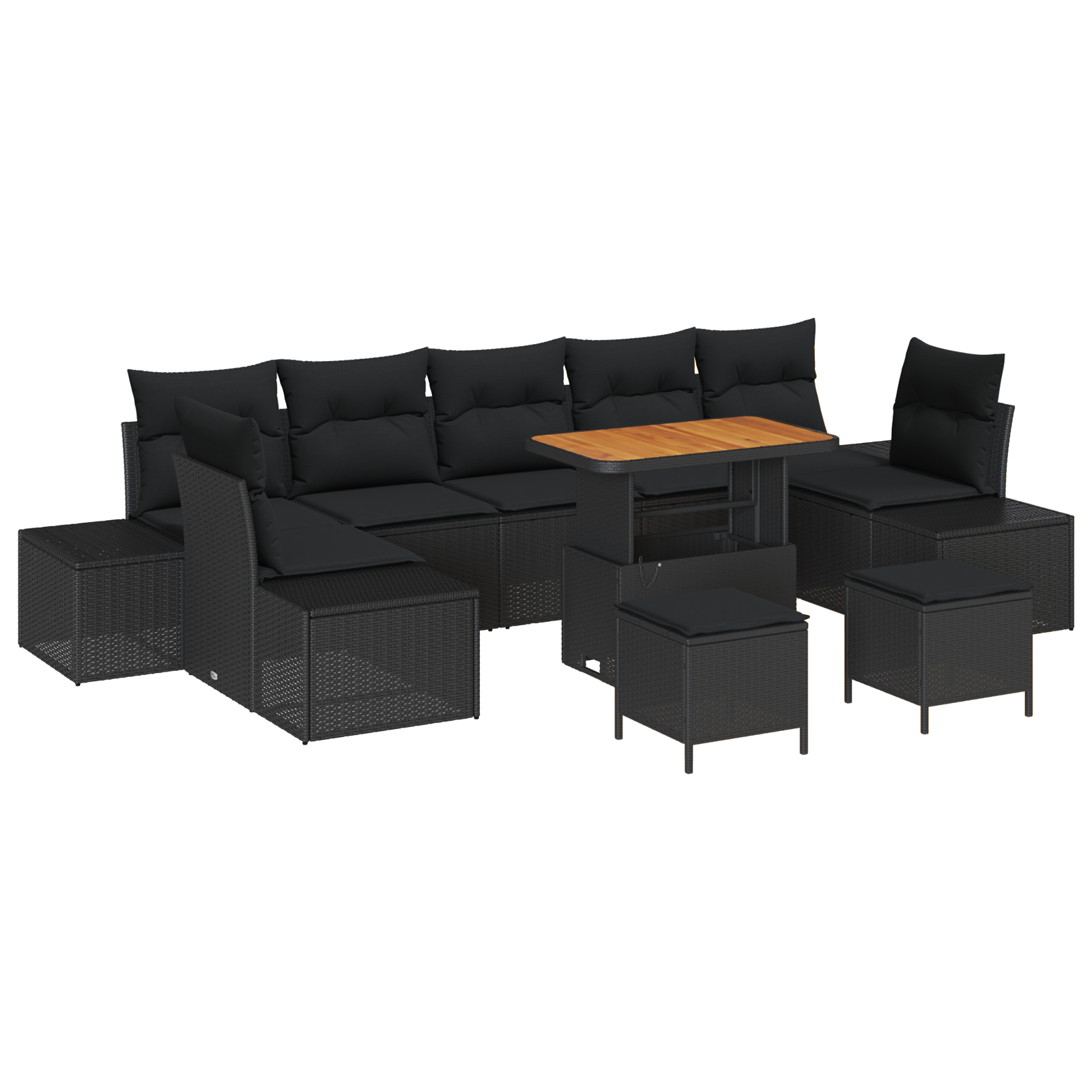 Set de Sofa de Grădină cu 10 Piese cu Pernuțe Negru Poliratan Acacia,  Sofa de Grădină cu 2 Locuri cu Depozitare & Pernuțe Negru Poliratan,  Set de Dining de Grădină cu 3 Piese cu Pernuțe Negru Polira [1]