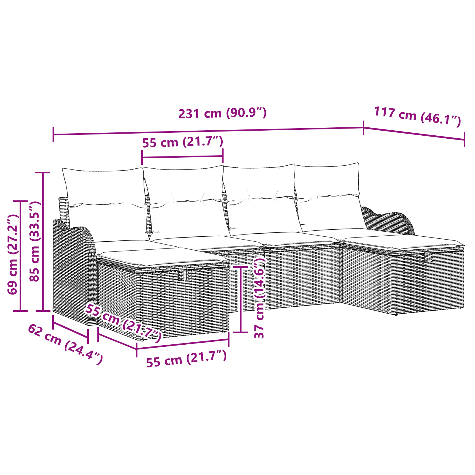 Set canapea grădină  6 piese cu perne Bej Poly Rattan, Canapea grădină  2 locuri cu perne Bej Poly Rattan [8]