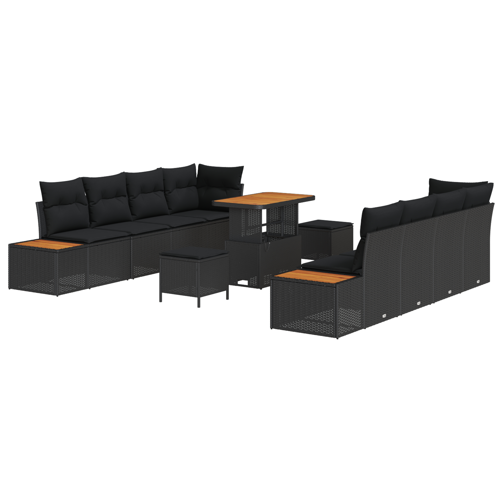 Set de Sofa pentru Grădină cu 11 Piese cu Perne Negru Poli Ratan Acacia,  Set de Dining pentru Grădină cu 3 Piese cu Perne Negru Poli Ratan Acacia [1]