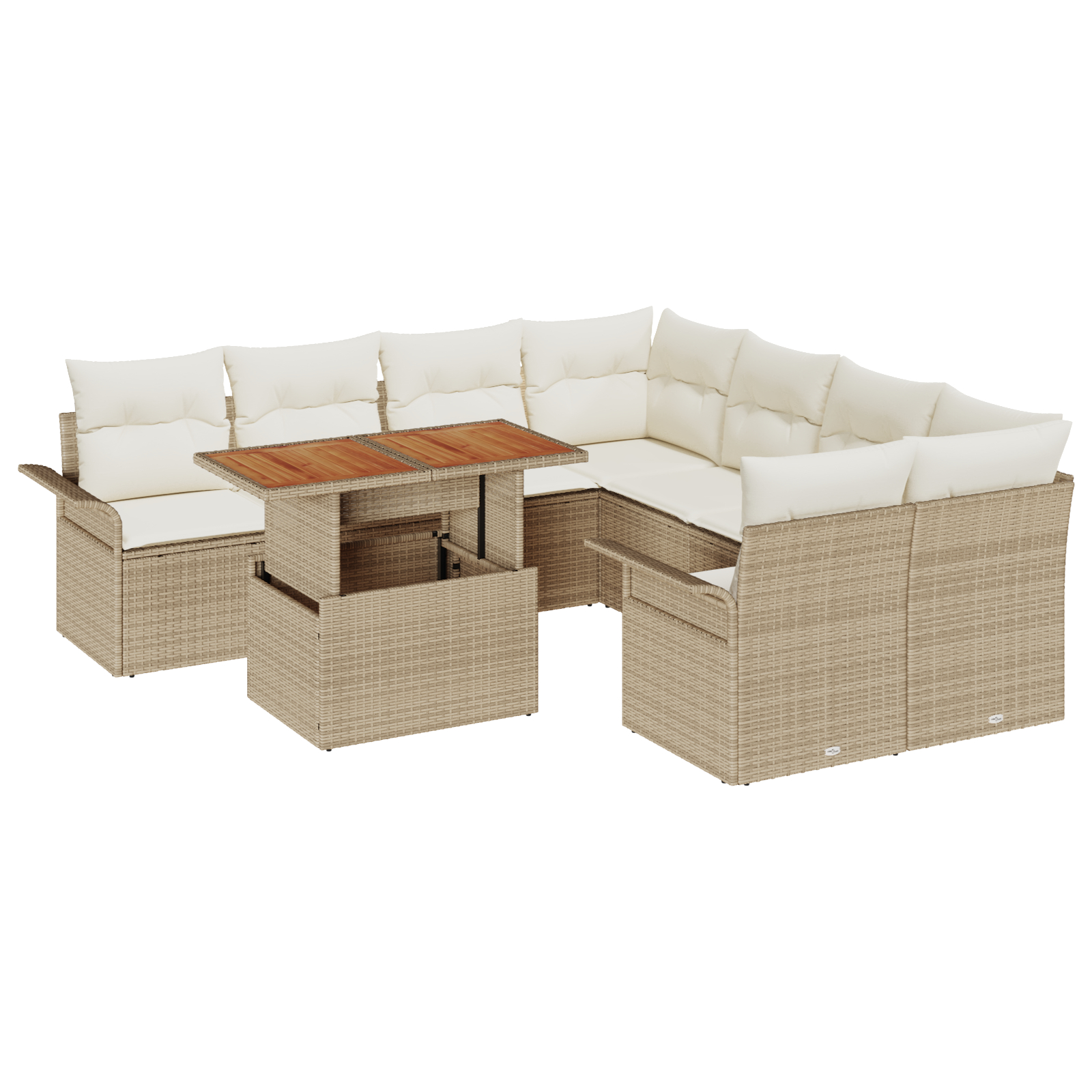 Set de 9 Piese de Sofa pentru Grădină cu Perne Bej Ratan Poly, Sofa pentru Grădină cu 2 Locuri cu Spațiu de Depozitare & Perne Bej Ratan Poly [1]