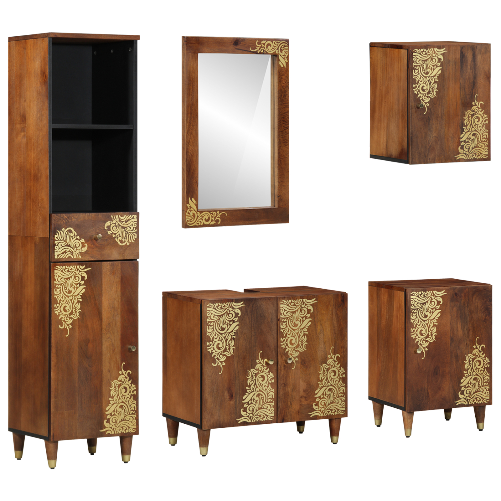 Seturi de mobilier pentru baie - Set de mobilă pentru baie  de 5 piese din lemn masiv de mango, Dulap pentru chiuvetă de baie  62x33x58 cm din lemn masiv de mango, Oglindă pentru baie  50x70x3 cm din lemn masiv de mango, Buffet  38x3