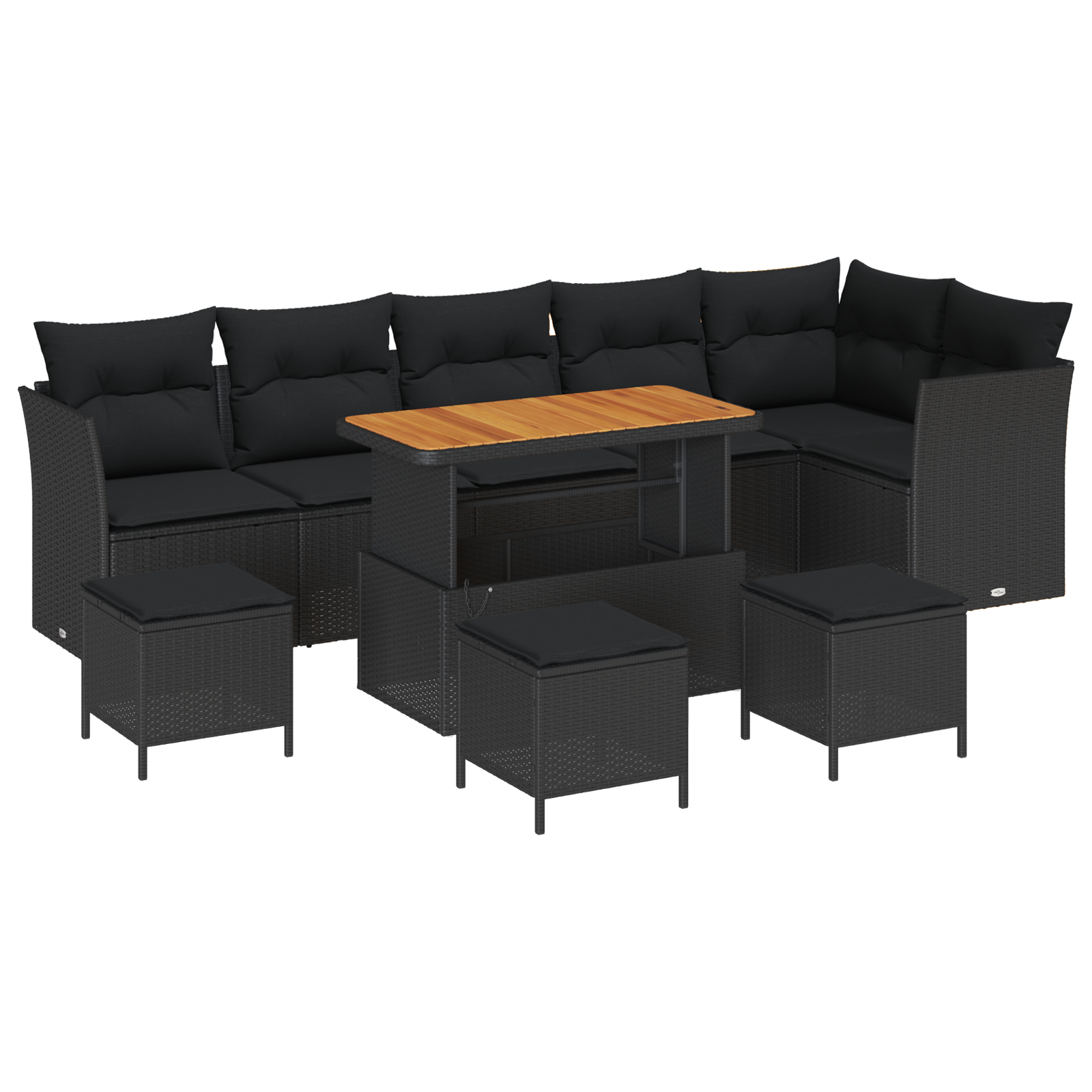 Set de canapea de grădină  cu 10 piese cu perne Negru Ratan polimeric Acacia, Set de dining de grădină  cu 4 piese cu perne Negru Ratan polimeric Acacia [1]