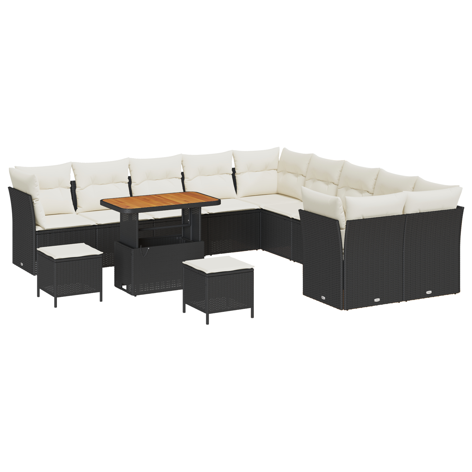 Set de canapea de grădină  cu 13 piese și pernuțe, Negru, Ratan, Acacia, Set de dining de grădină  cu 3 piese și pernuțe, Negru, Ratan, Acacia [1]