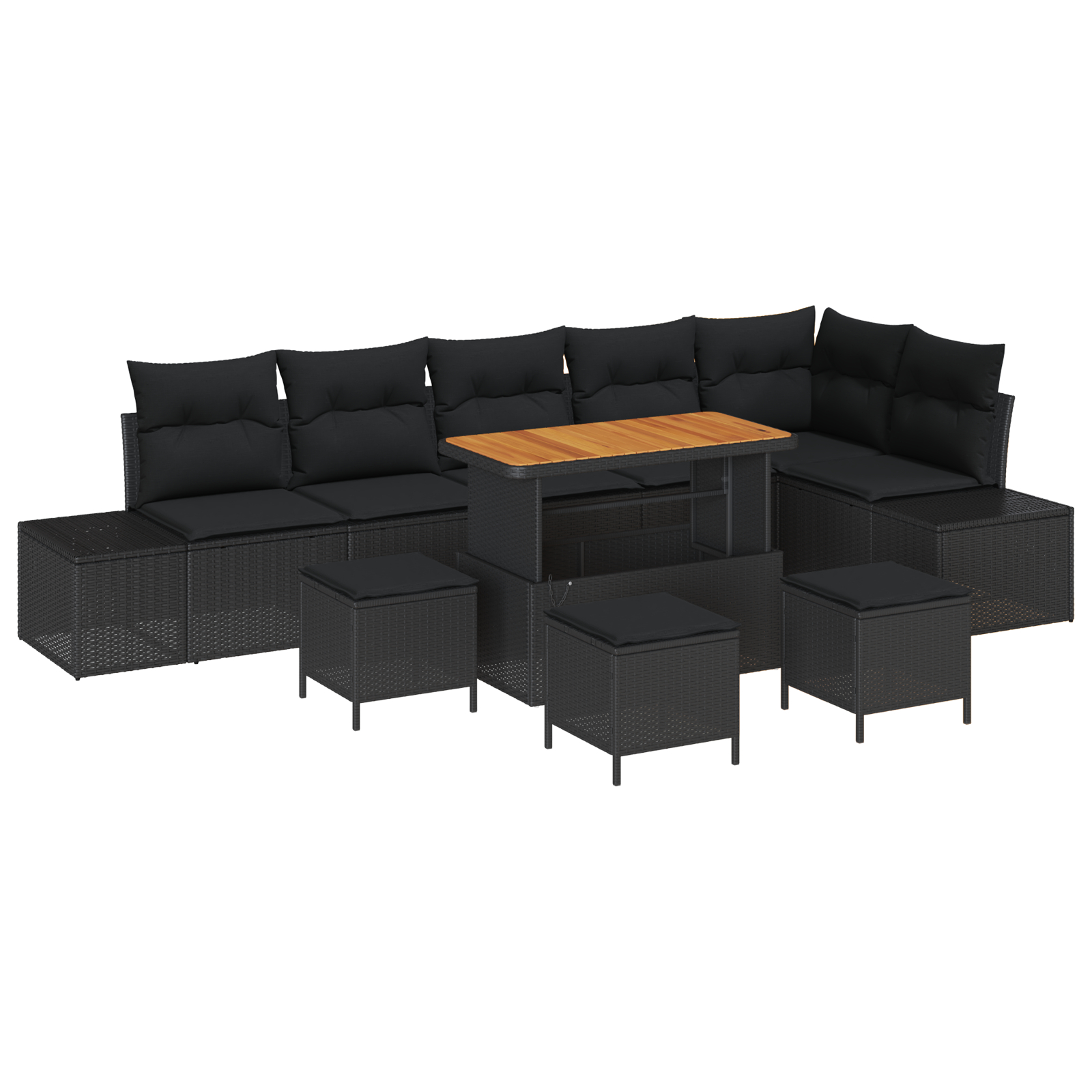 Set de sofa pentru grădină 10 piese cu perne negru ratan poli acacia, Sofa de grădină cu 2 locuri cu spațiu de depozitare și perne negru ratan poli, Set de dining pentru grădină 4 piese cu perne negru [1]