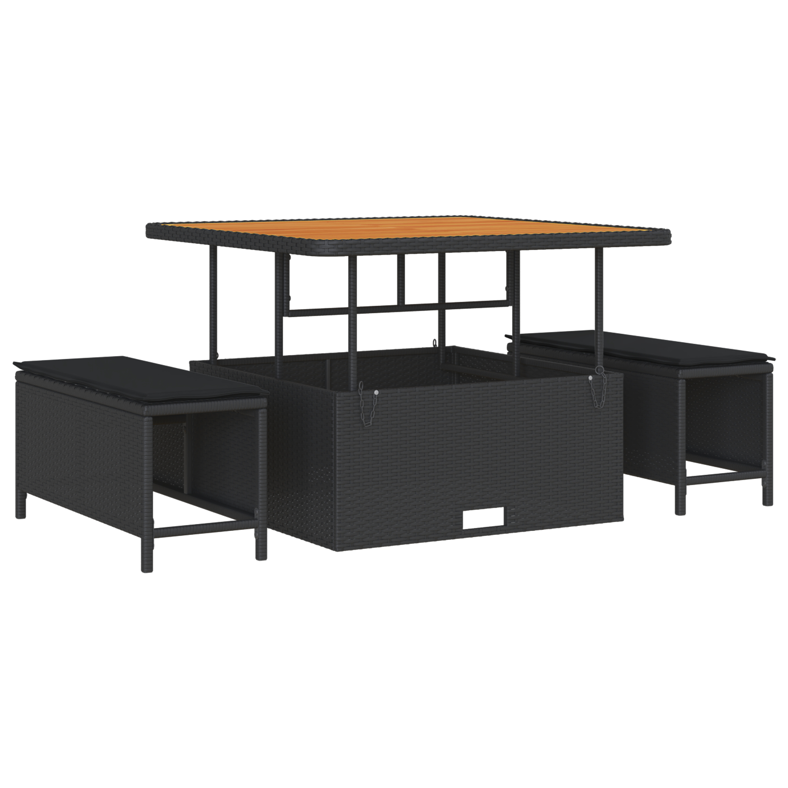 Set de 8 piese pentru grădină cu perne Negru Poliratan Acacia, Sofa de grădină cu 2 locuri și depozit & perne Negru Poliratan, Set de dining pentru grădină cu 3 piese și perne Negru Poliratan Acacia [5]
