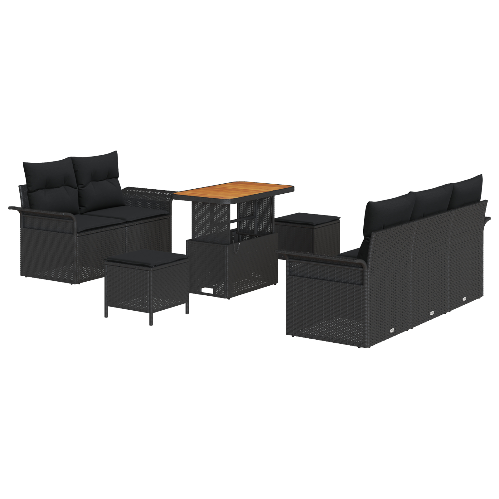 Set de sofa de grădină  8 piese cu perne Negru Poliratan Acacia, Sofa de grădină  pentru 2 persoane cu perne Negru Poliratan, Set de cină de grădină  3 piese cu perne Negru Poliratan Acacia [1]