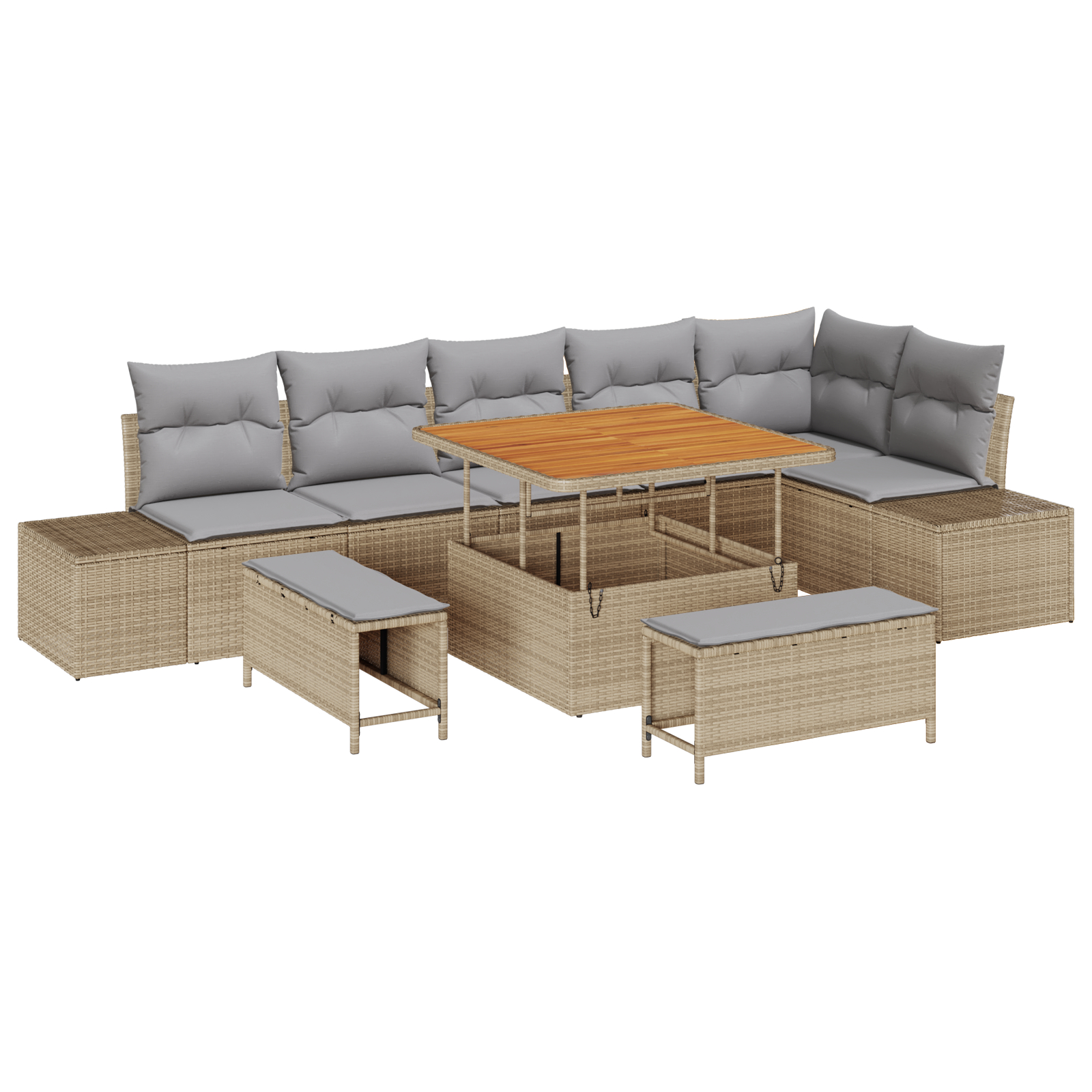 Set sofa grădină  cu perne Bej Ratan Poli Acacia, Sofa grădină  2 locuri cu stocare & perne Bej Ratan Poli, Set dining grădină 3 piese cu perne Bej Ratan Poli Acacia [1]