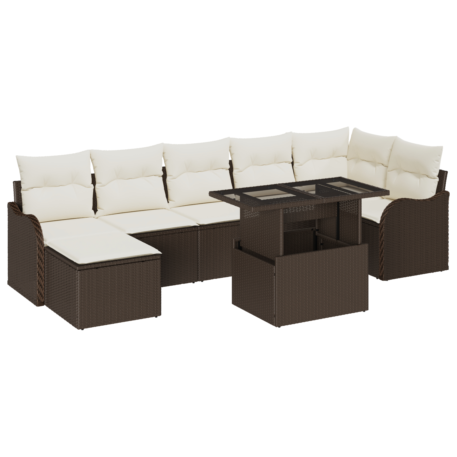 Set de 8 Piese de Sofa pentru Grădină cu Pernuțe Maro Ratan Poli, Sofa de Grădină cu 2 Locuri și Pernuțe Maro Ratan Poli [1]