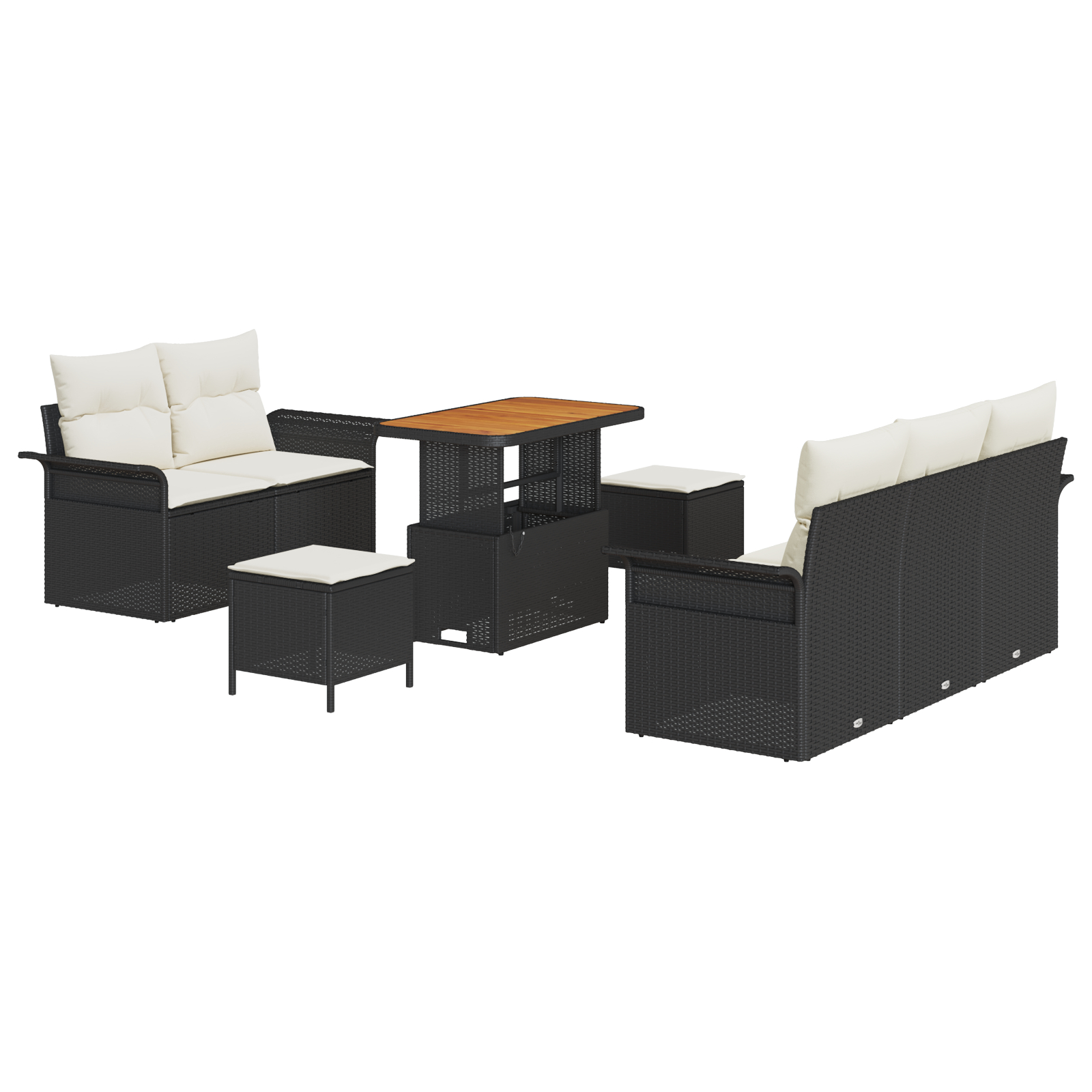Set de Canapea pentru Grădină  cu Perne Negre din Rattan Poli Acacia, Canapea de Grădină  cu 2 Locuri și Perne Negre din Rattan Poli, Set de Masă pentru Grădină  cu 3 Piese și Perne Negre din Rattan P [1]