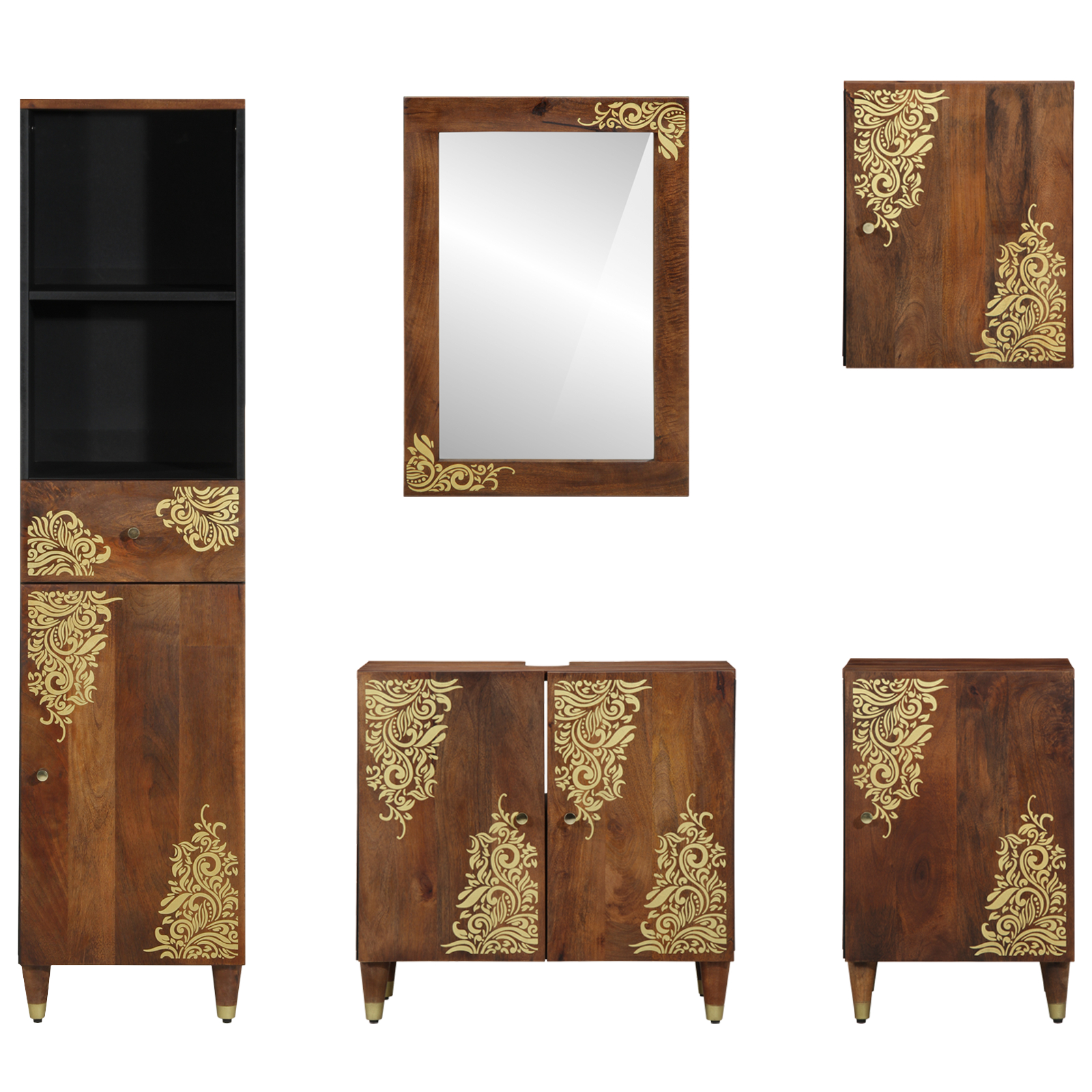 Set de mobilă pentru baie  de 5 piese din lemn masiv de mango, Dulap pentru chiuvetă de baie  62x33x58 cm din lemn masiv de mango, Oglindă pentru baie  50x70x3 cm din lemn masiv de mango, Buffet  38x3 [7]