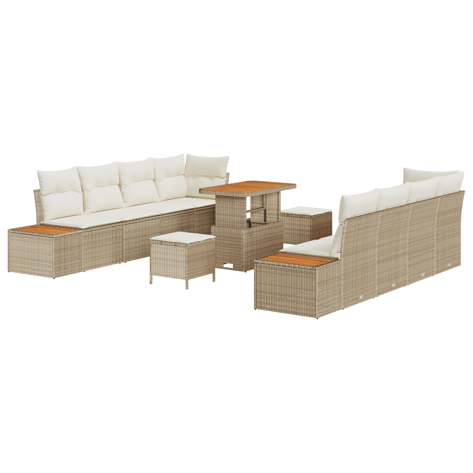Set de Sofa de Grădină cu 11 Piese cu Perne Bej Ratan Poly Acacia, Set de Dining pentru Grădină cu 3 Piese cu Perne Bej Ratan Poly Acacia [1]