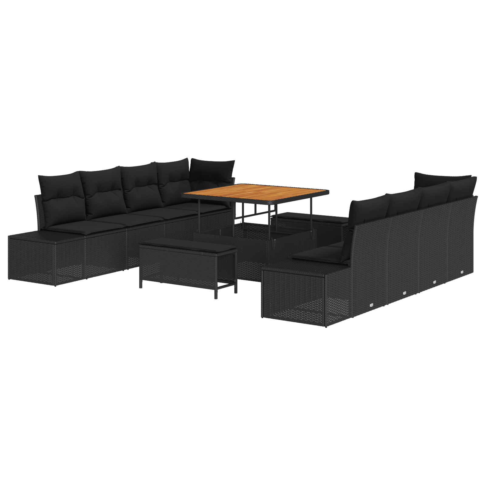 Set de canapea de grădină  cu 11 piese și perne Negru Rattan sintetic Acacia, Canapea de grădină  cu 2 locuri cu depozitare și perne Negru Rattan sintetic, Set de dining de grădină  cu 3 piese și pern [1]