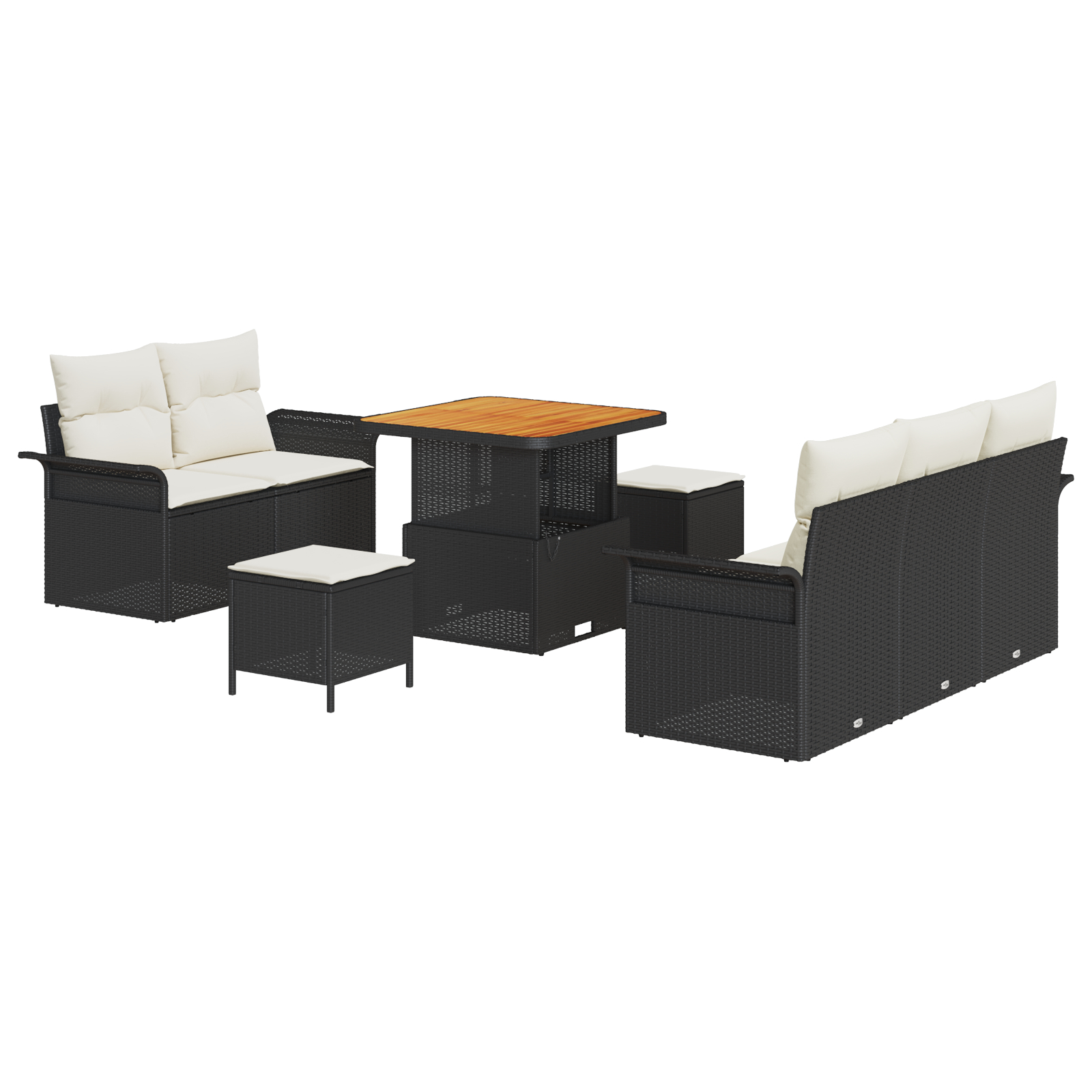Set de Sofa de Grădină  cu 8 Piese cu Perne Negru Poli Ratan Acacia, Sofa de Grădină  cu 2 Locuri cu Perne Negru Poli Ratan, Set de Dining de Grădină  cu 3 Piese cu Perne Negru Poli Ratan Acacia [1]