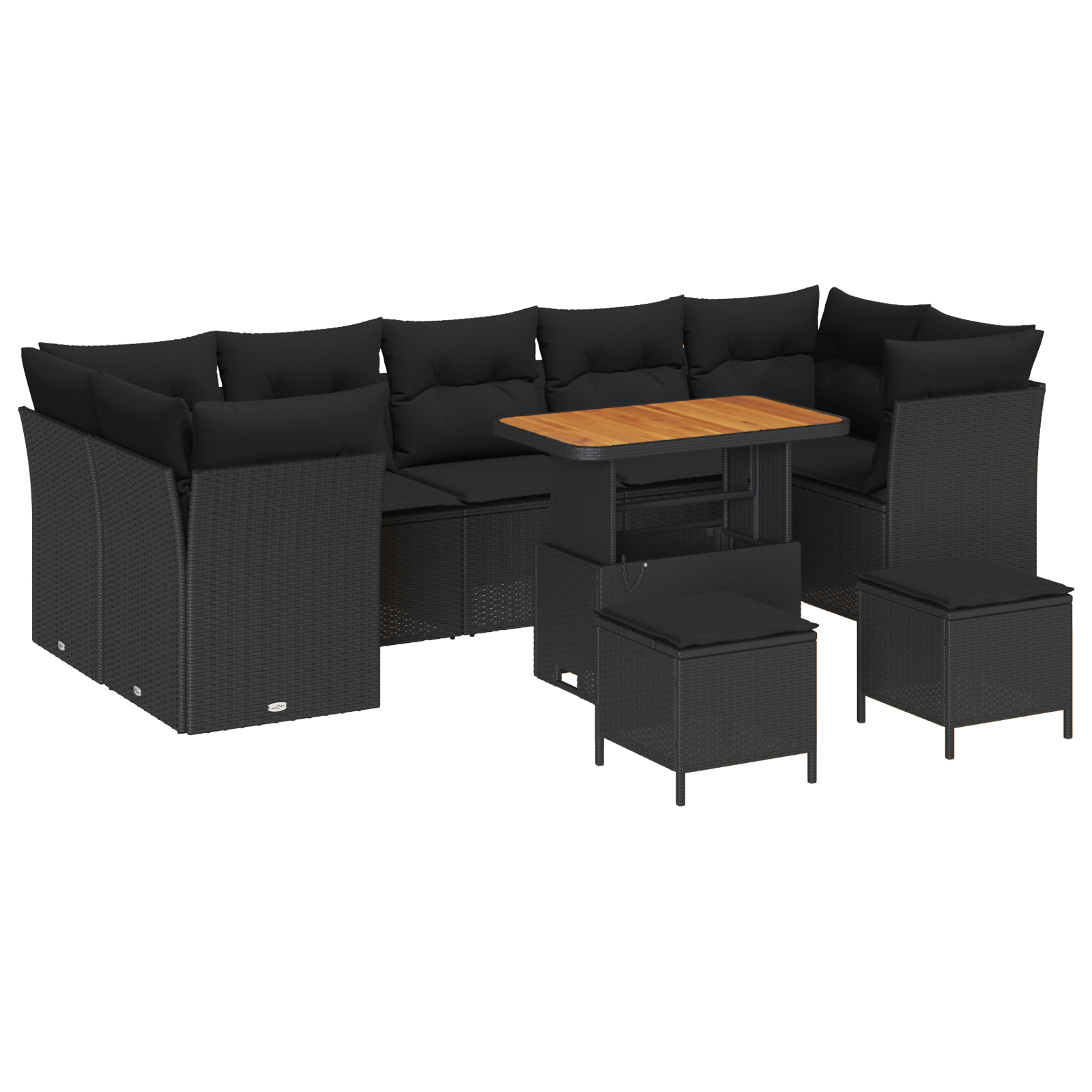 Set de sofa de grădină  cu 10 piese și perne Negru Poliratan Acacia, Set de dining pentru grădină  cu 3 piese și perne Negru Poliratan Acacia [1]