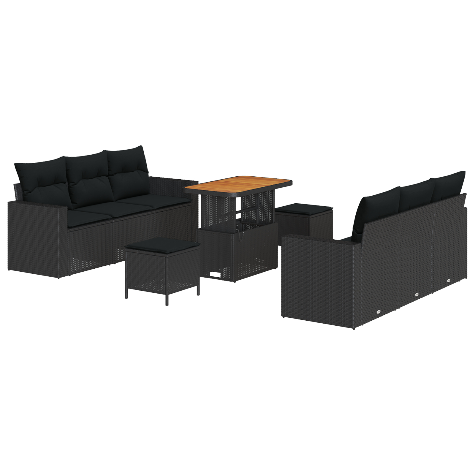 Set de sofa de grădină  cu 9 piese cu perne Negru Ratan poli Acacia, Set de dining de grădină  cu 3 piese cu perne Negru Ratan poli Acacia [1]