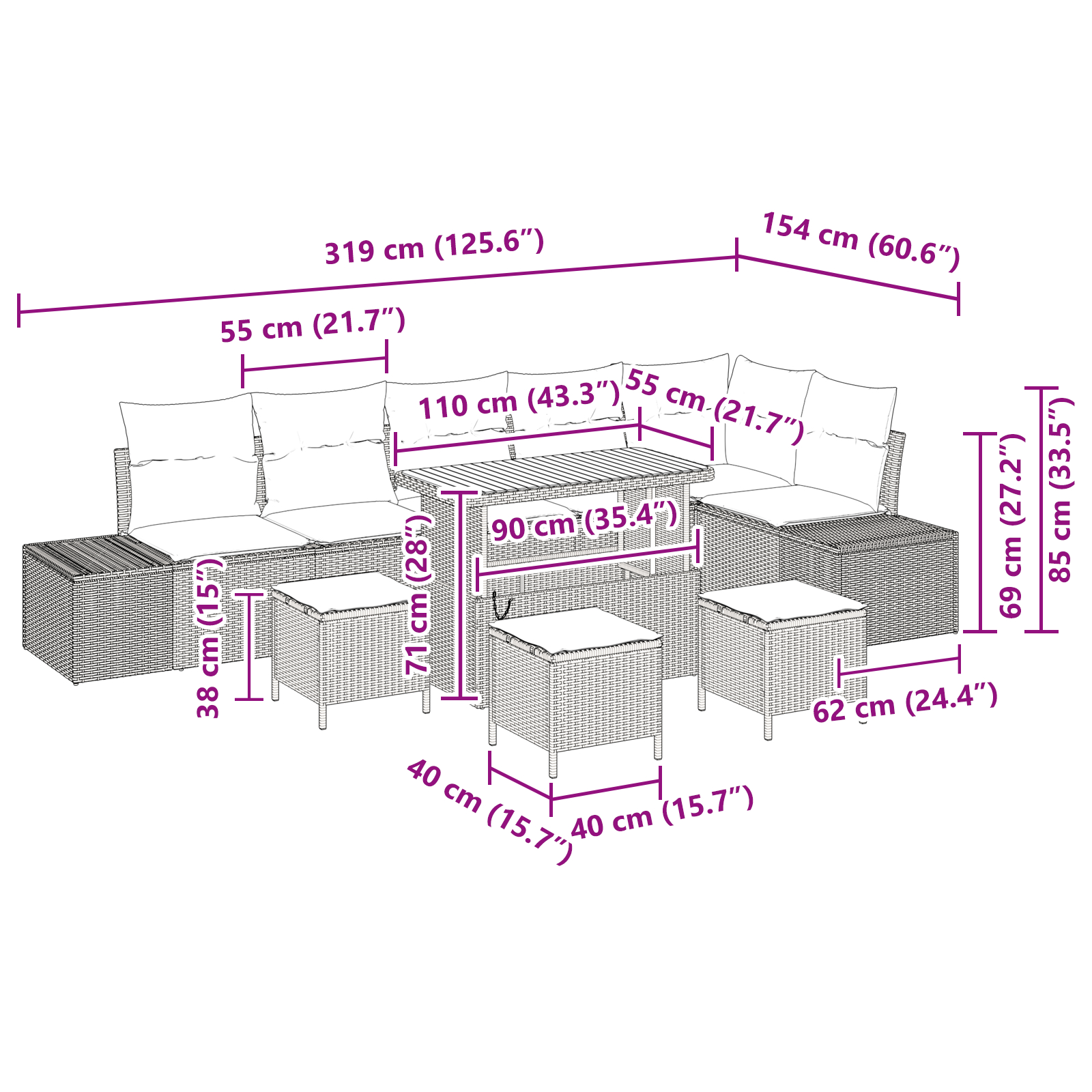 Set de sofa pentru grădină  10 piese cu perne negre din poliratan de acacia, Sofa pentru grădină  2 locuri cu perne negre din poliratan, Set de dining pentru grădină  4 piese cu perne negre din polira [9]