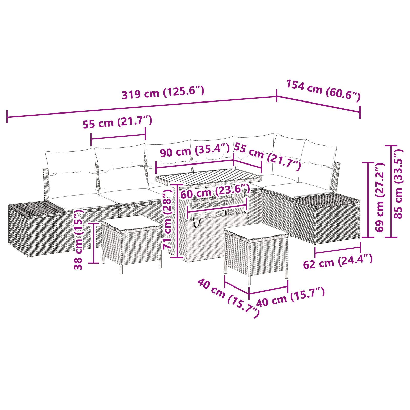 Set canapea grădină 9 piese cu perne poliratan negru, acacia,  Canapea grădină 2 locuri și perne poliratan negru,  Set dining grădină 3 piese și perne poliratan negru, acacia [9]