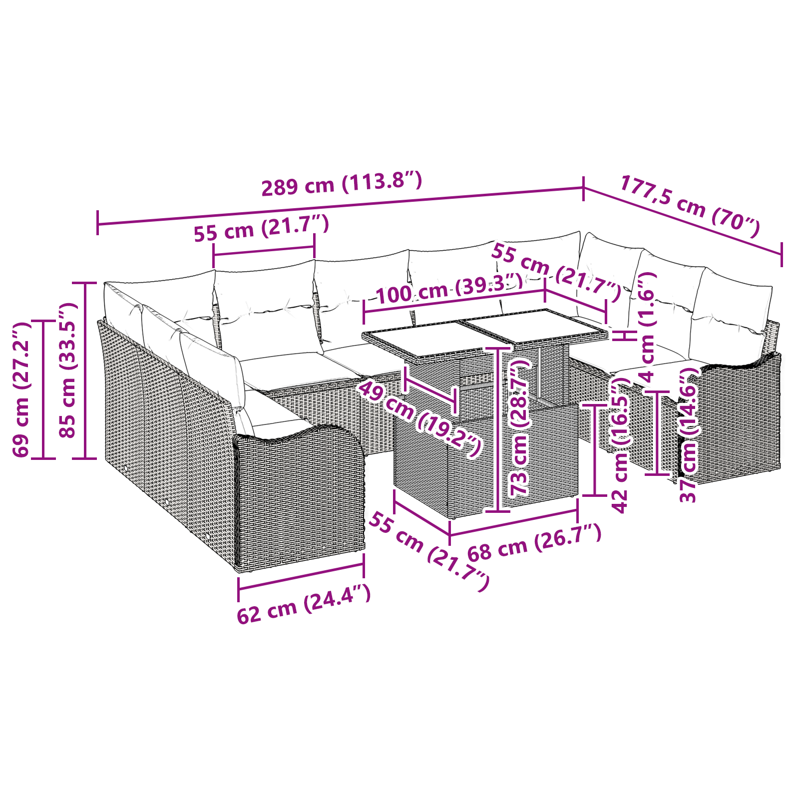 Set de canape de grădină  din 10 piese cu perne gri din ratan poli, Set de canapea de grădină  cu două locuri cu perne gri din ratan poli [10]