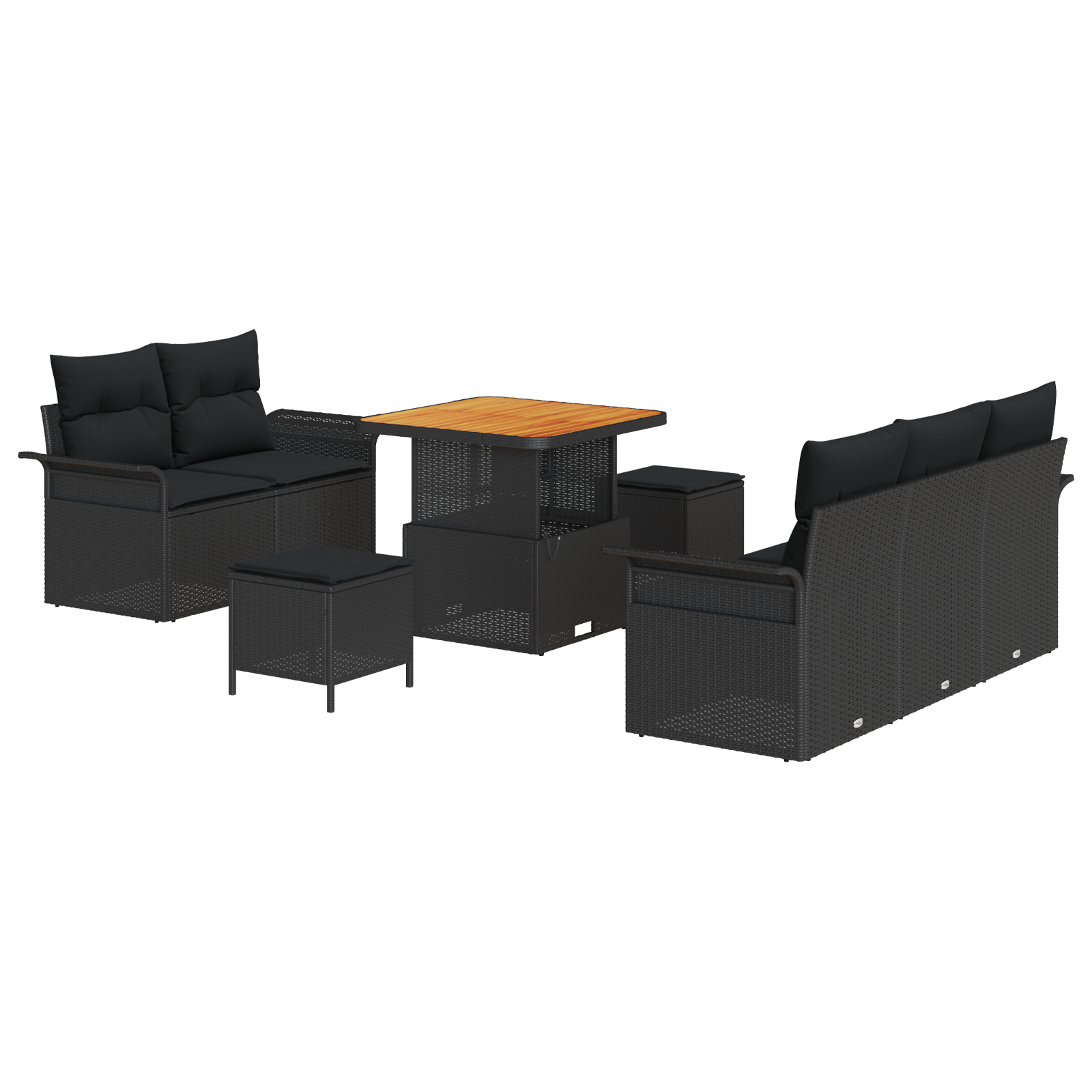 Set de sofe de grădină  cu 8 piese și perne Negru Rattan Poliester Acacia, Sofa de grădină  cu 2 locuri și perne Negru Rattan Poliester, Set de dining de grădină  cu 3 piese și perne Negru Rattan Poli [1]