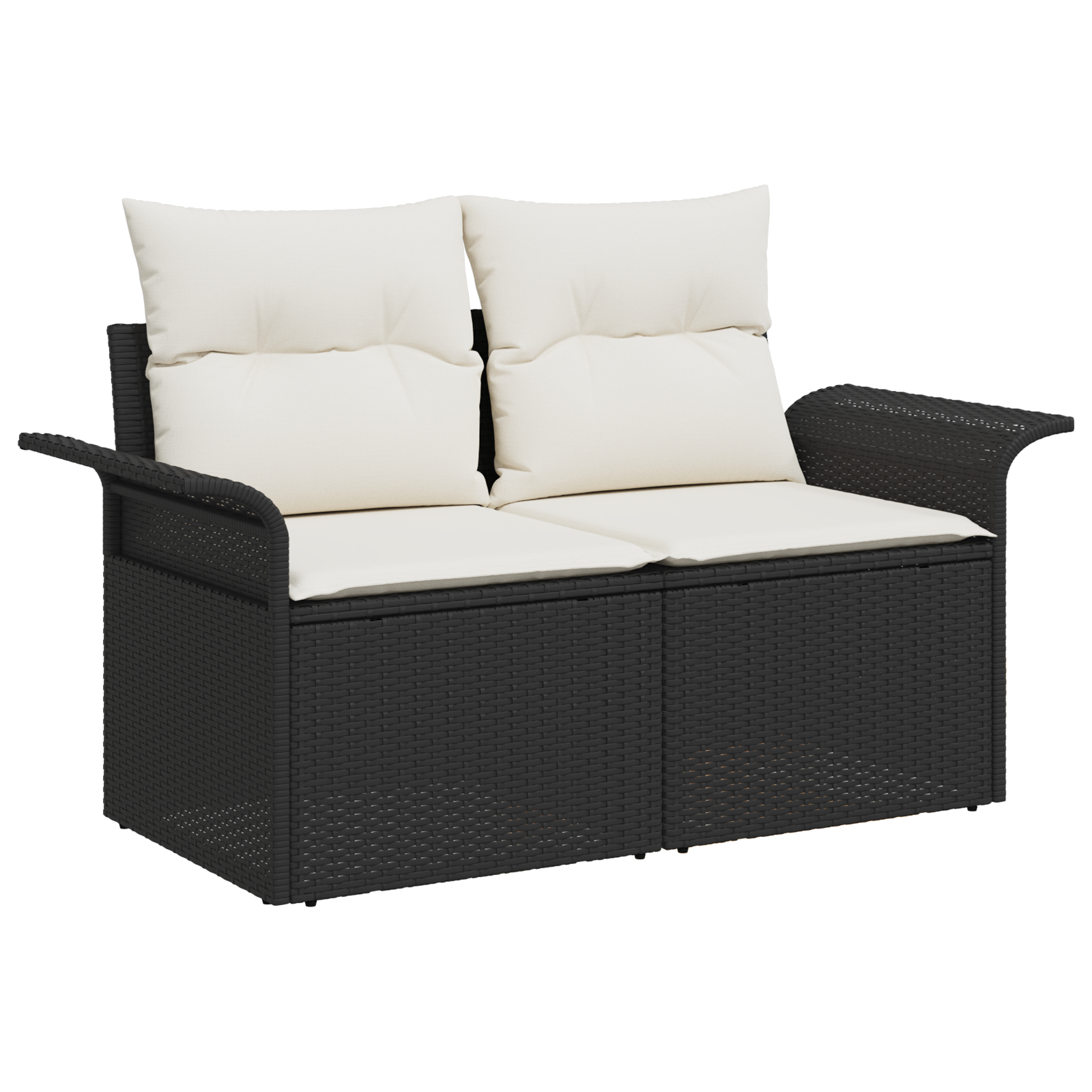 Set de Canapea pentru Grădină  cu Perne Negre din Rattan Poli Acacia, Canapea de Grădină  cu 2 Locuri și Perne Negre din Rattan Poli, Set de Masă pentru Grădină  cu 3 Piese și Perne Negre din Rattan P [5]